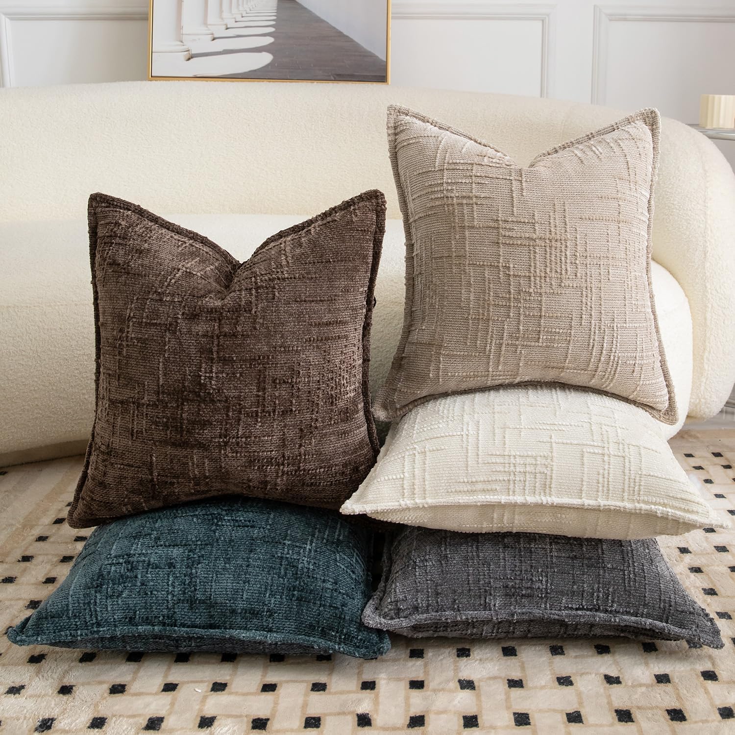 MADIZZ Pack of 2 Chenille Throw Pillow Covers 24x24 Inch Taupe Soft Neutral Decorative Throw Pillows for Couch Sofa Boho Accent Cushion Covers Modern Farmhouse Home Decor for Bedroom Living Room