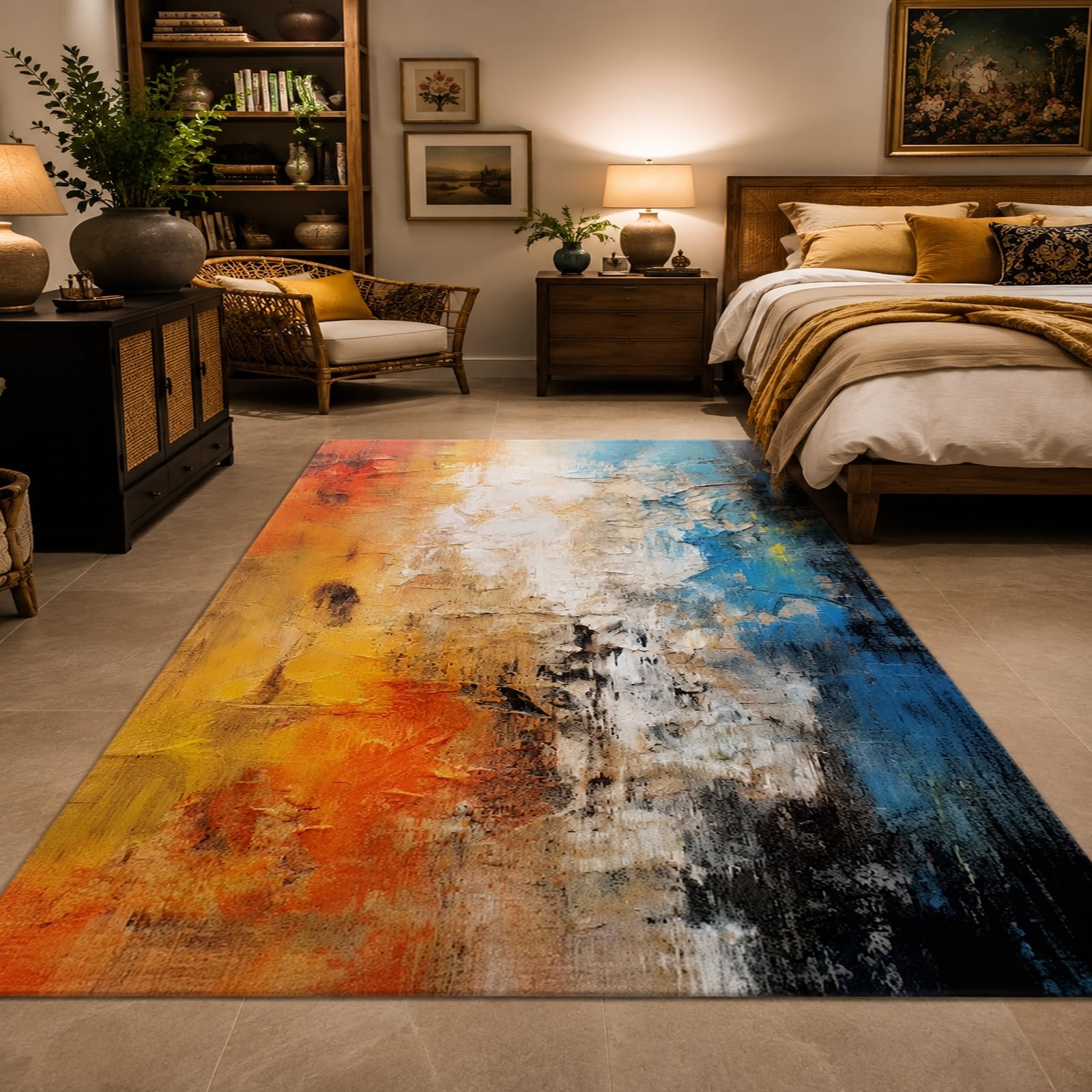 Tappeti quadrati, 150 x 150 cm, Astratto Blu Arancione Giallo Bianco Nero, Tappeto quadrato Salotto Soggiorno Decorazione, Grandi Rugs Esterno Balcone Picnic,