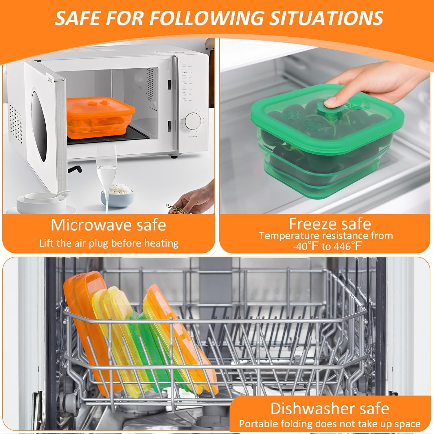 Set of 3 Clear Collapsible Full Silicone Food Storage Containers with Lids, Bento Lunch boxes for Meal Prep, Lunch, Leftovers, Microwave Fridge Dishwasher Safe, BPA-Free