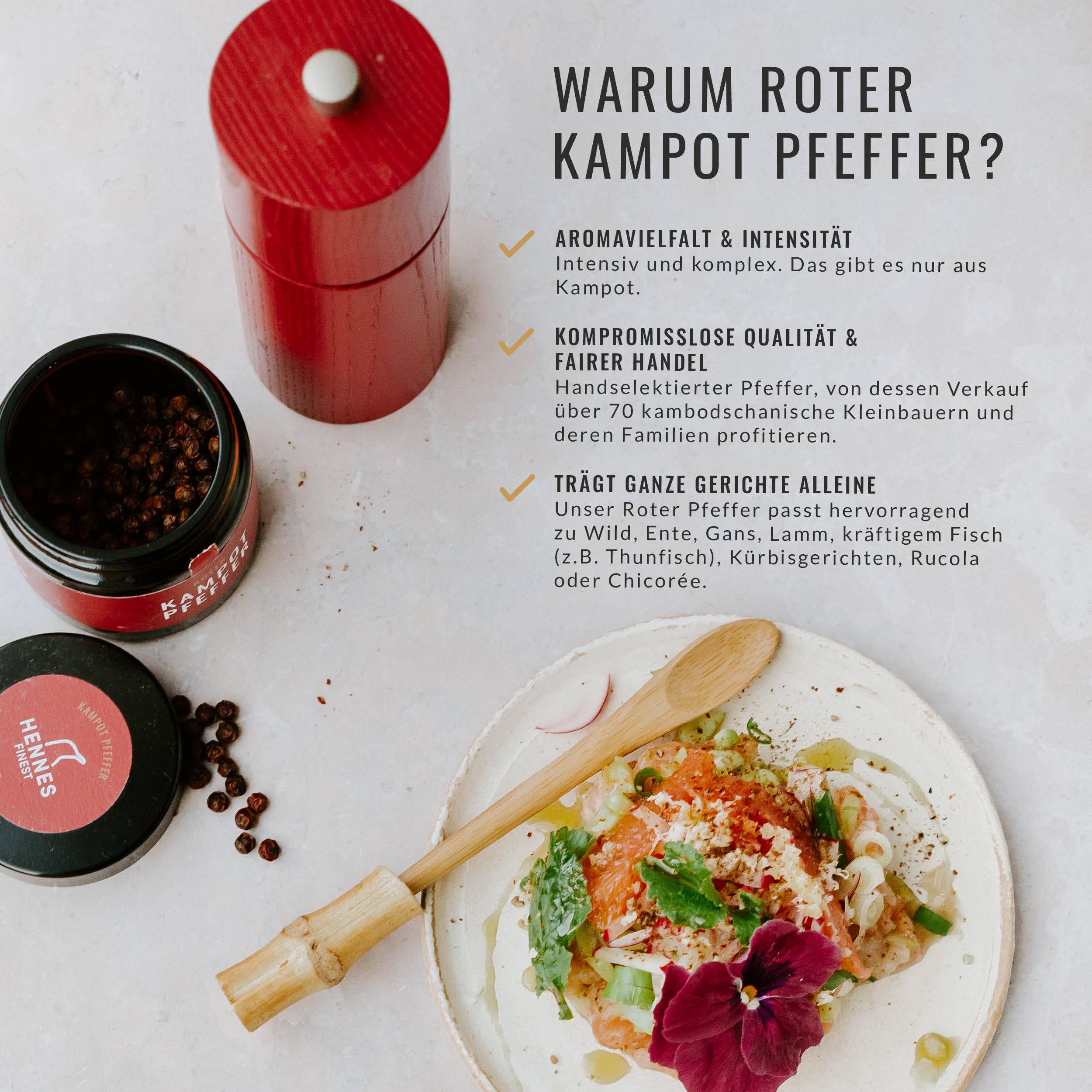 Hennes Finest Kampot Pfeffer Rot - 100g echter Roter Kampot Pfeffer, Roter Pfeffer ganz, Kampot Pepper Rot, Pfeffer für Mühle, Roter Pfeffer Kampot, ganze rote Pfefferkörner, Kambodscha Pfeffer rot