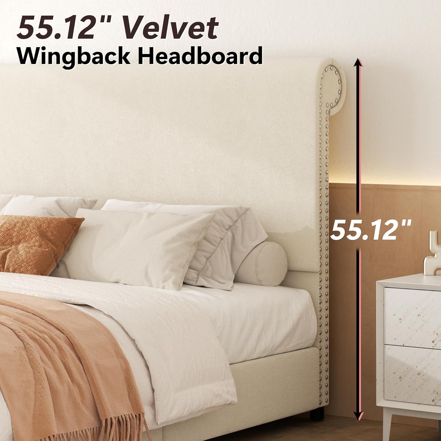 Queen Size Bed Frame, Upholstered Platform Bed with 55" Tall Headboard, Soft Velvet Fabric, No Box Spring Needed, Easy Assembly, Beige