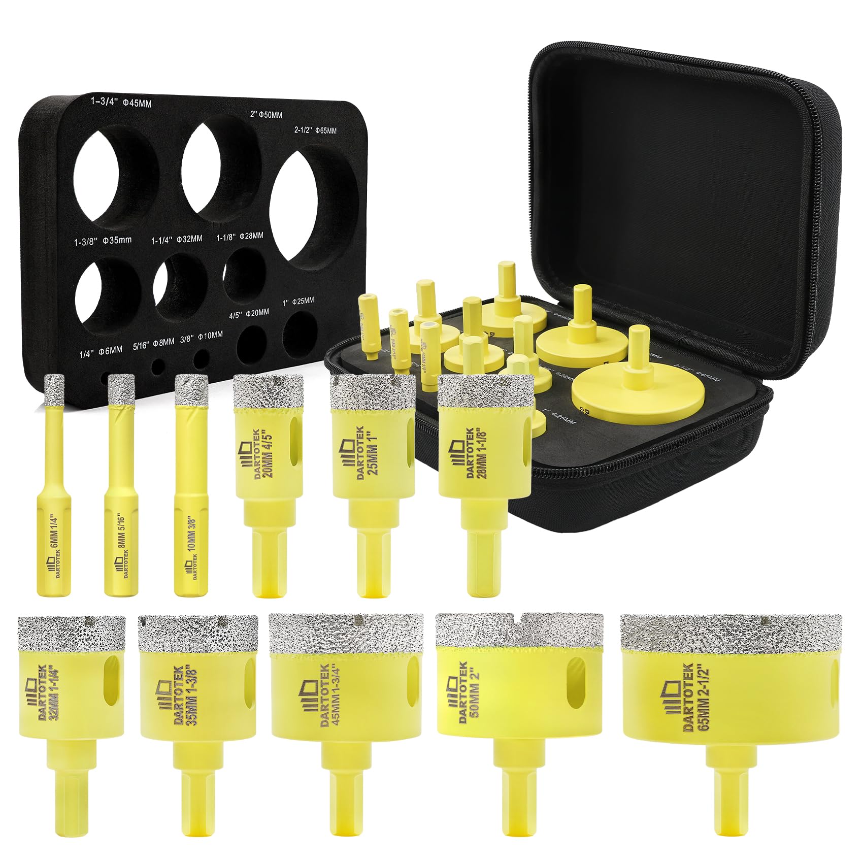 Diamond Core Drill Bits Set 11pcs - 6/8/10/20/25/28/32/35/45/50/65mm Triangle Shank Hole Saw Kit with Triangle Shank for Porcelain, Ceramic, Tile, Granite, Marble
