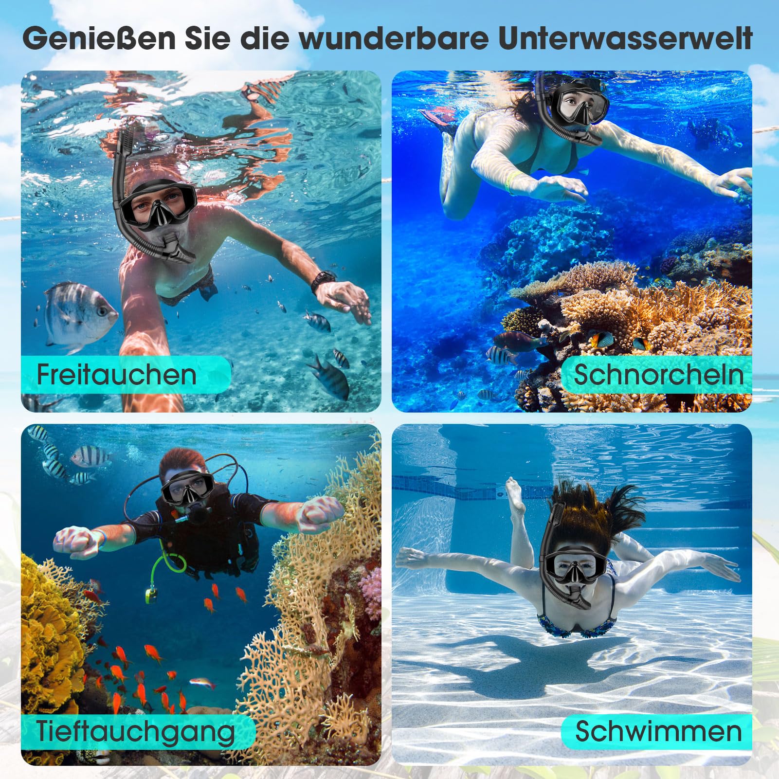 Nigecue Zestaw do snorkelingu dla dorosłych, z okularami do nurkowania i fajką Dry Fajka, maska zapobiegająca przeciekaniu, z hartowanego szkła, do nurkowania, pływania i nurkowania