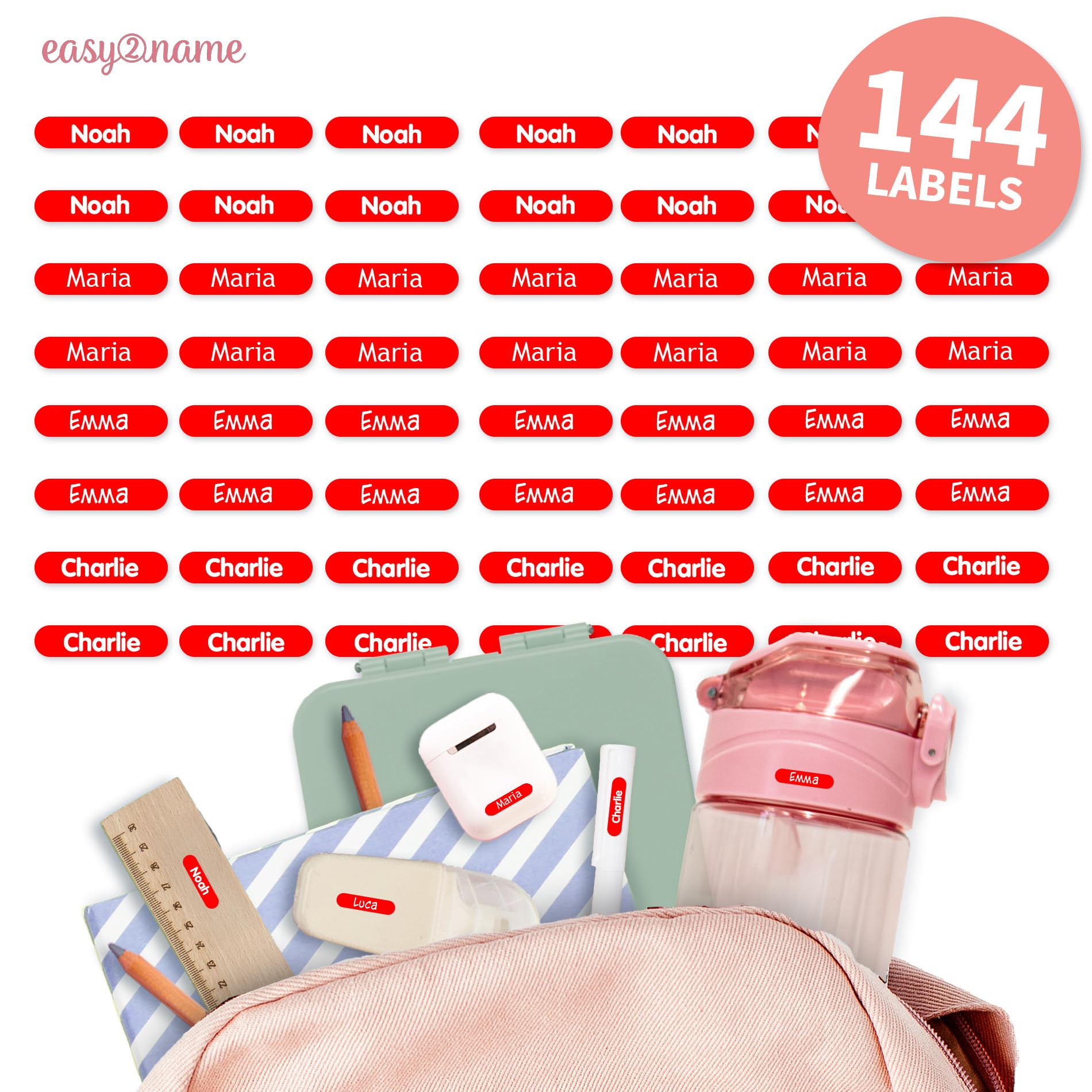 Easy2Name - Personalised mini XS Name Labels - Waterproof Name Stickers for Children and Adults - Ideal as Name Stickers in The Office, Workshop or School - 20x4mm - Coloured (Red, 144)