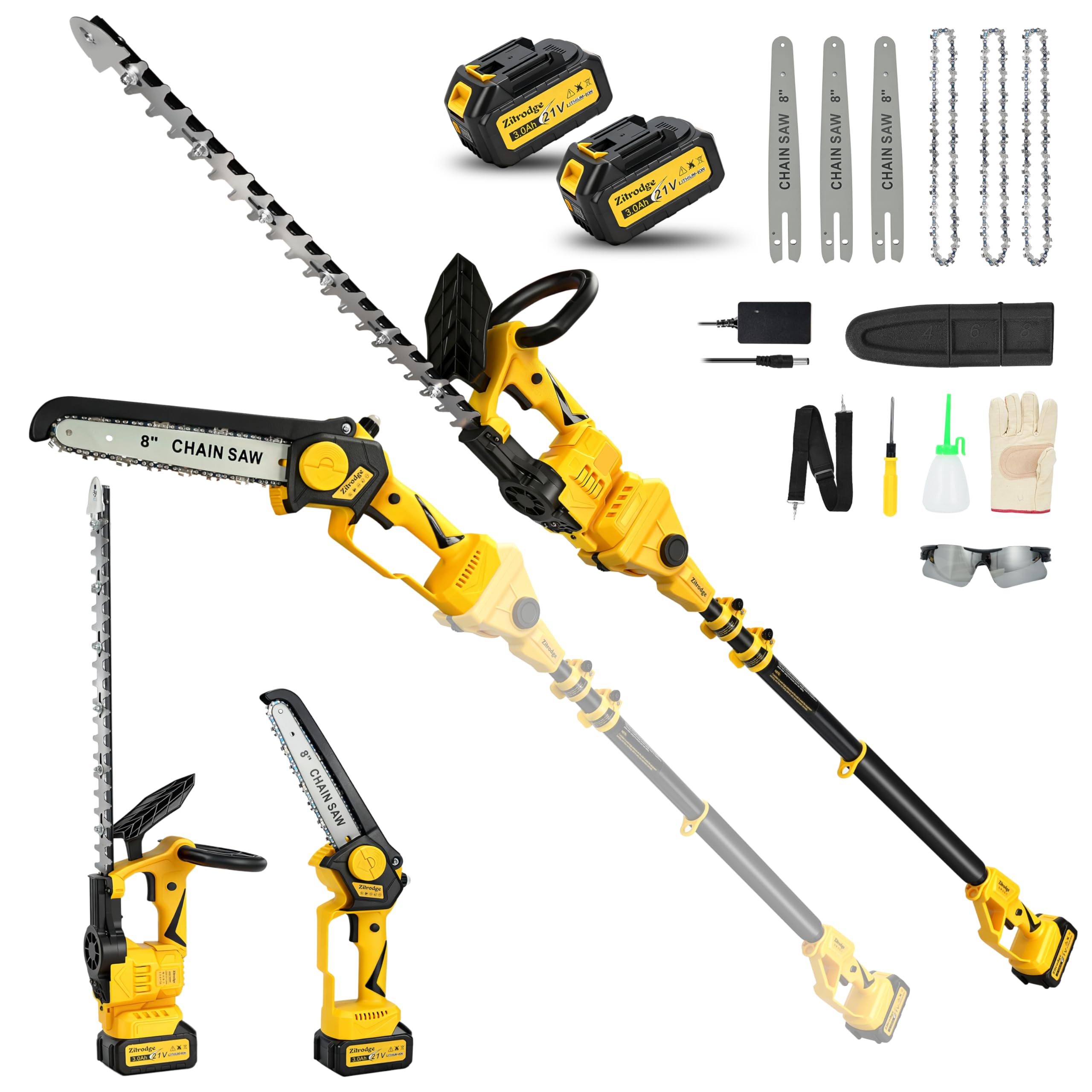 8" Pole Saw Cordless + 20" Pole Hedge Trimmer 4-in-1, Electric Mini Chainsaw/Hedge Trimmer with Extension Pole, 15Ft Max Reach for Tree Trimming and
