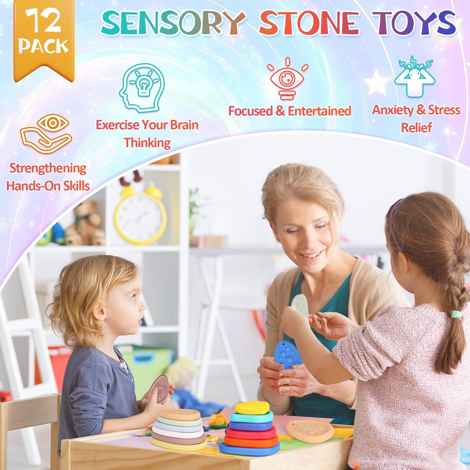 12 Pack Sensory Stones for Autism, Textured Soft Stone Fidget Toys, Silicone Worry Stone for Autism Kids Calming, Sensory Stones for Kids, Worry Stones Travel Toy for Students Anxiety Relief - Image 3