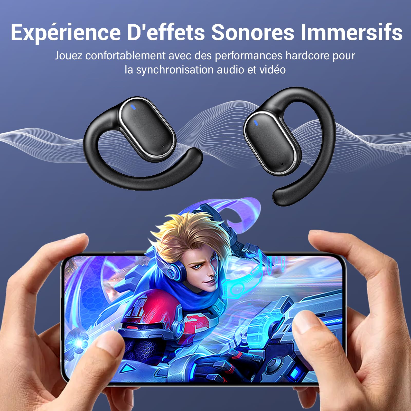 Casque de Sport sans Fil, Casque Bluetooth 5.3 Ouvert, avec Micro HD et Annulation du Bruit ENC, Basses Améliorées, Affichage LED, Casque Bluetooth étanche IPX7 pour iOS et Android, Noir