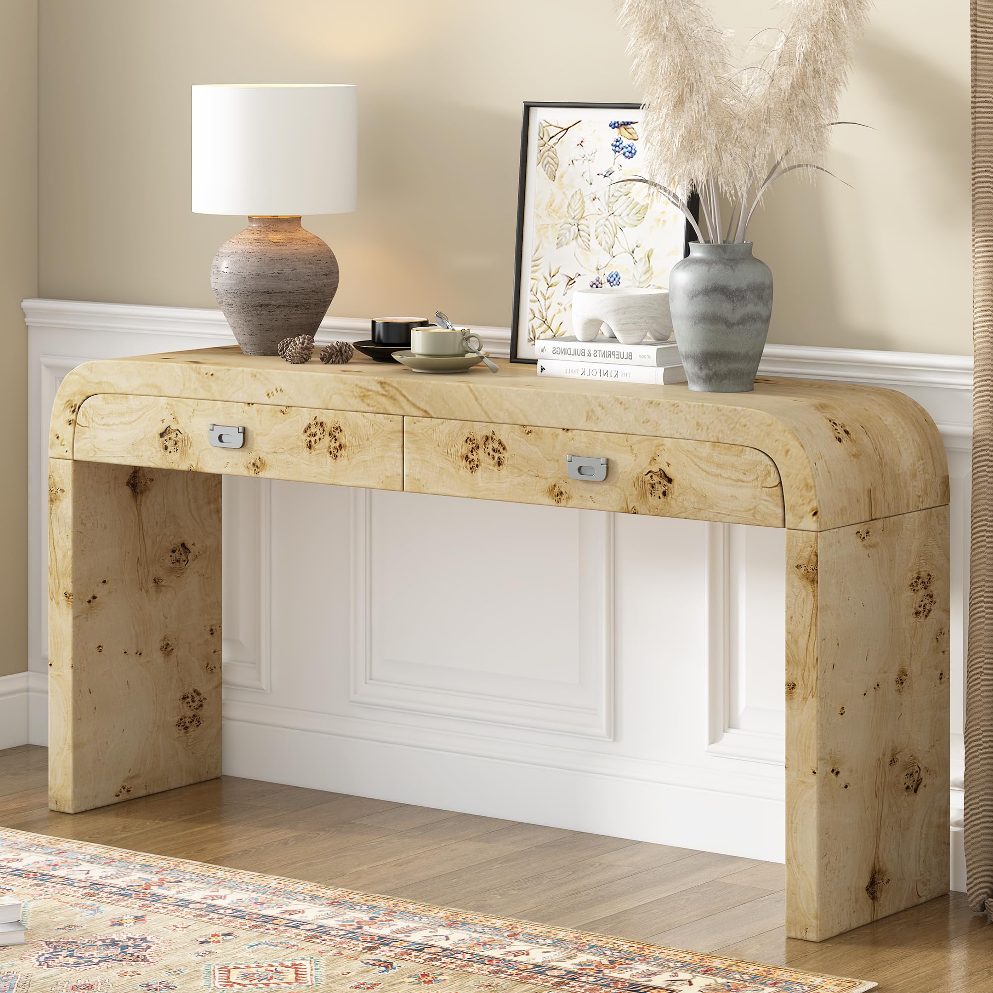 Guxeei 51.1-Inch Console Table, Curved Design Entryway Table Sofa Table with 2 Drawers & Burl Wood Veneer for Entryway, Hallway, Living Room, Natural