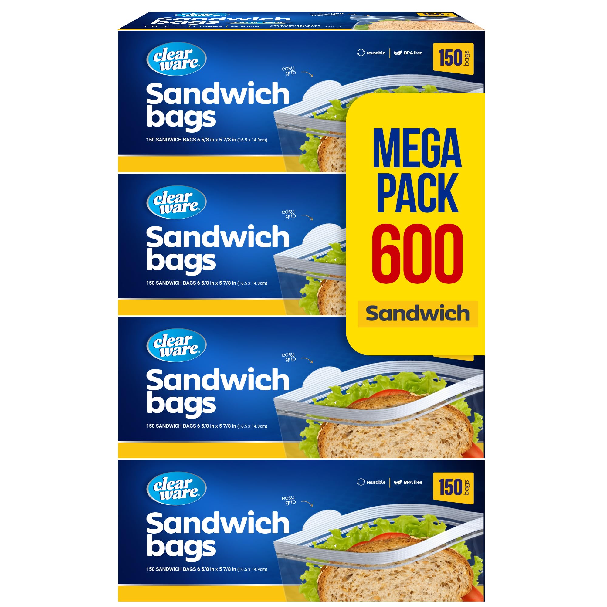 Sandwich Bags Zipper Top - 600 Count Resealable Plastic Food Storage Bags For Lunch, Snacks - Reusable Zipper Lock Containers for Fruit, Veggies - Freezer & Microwave-Safe, Strong Seal - 4 Boxes