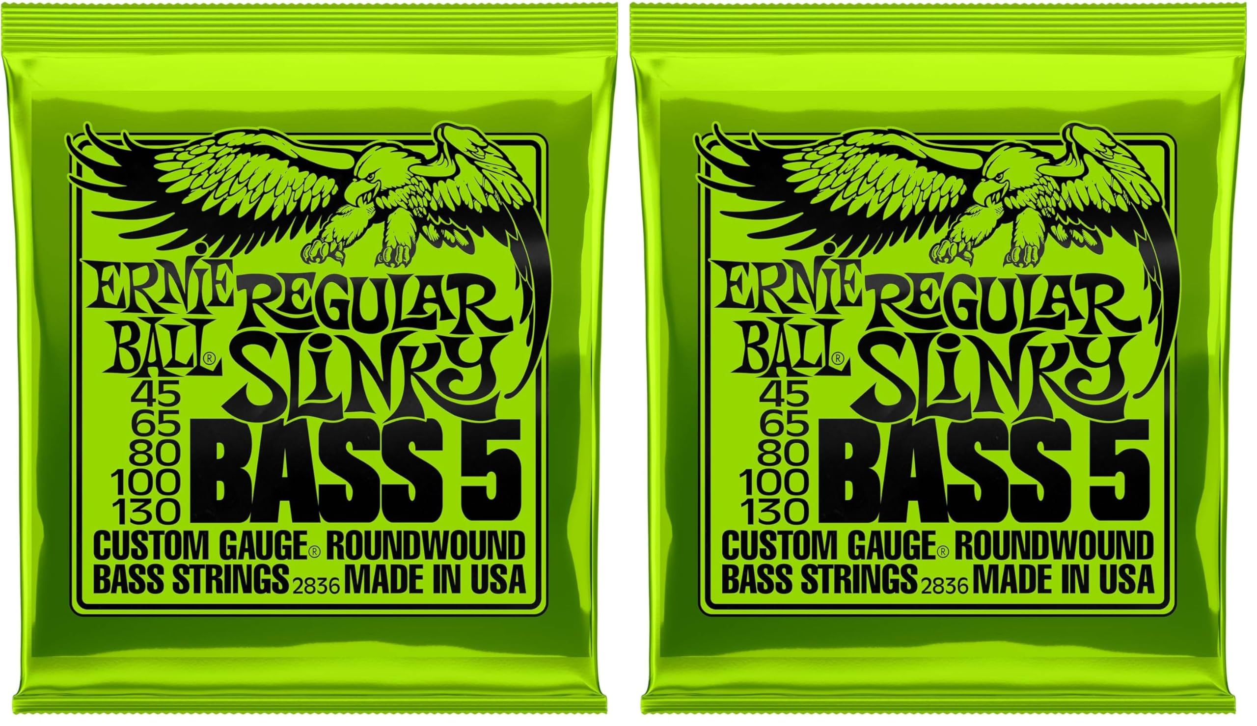 Ernie Ball Regular Slinky Nickelwound 5-Saiten E-Basssaiten Saitenstärke 45-130 (Packung mit 2)