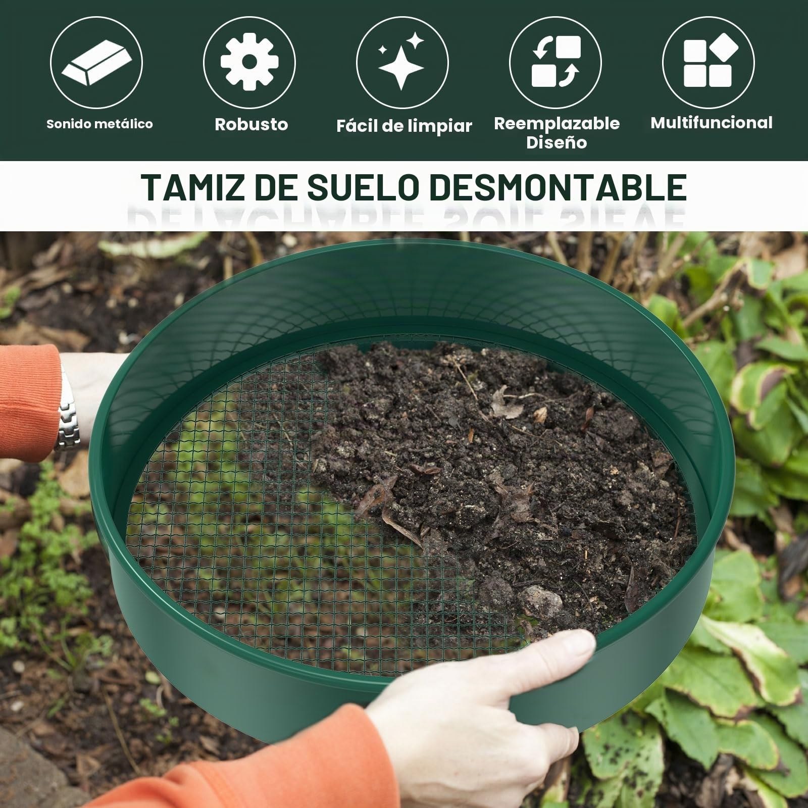 Tamiz de jardín redondo 4 en 1, 30 cm, acero inoxidable, con 4 tamices intercambiables y pala de jardín, tamiz para tierra, compost, semillas, arena