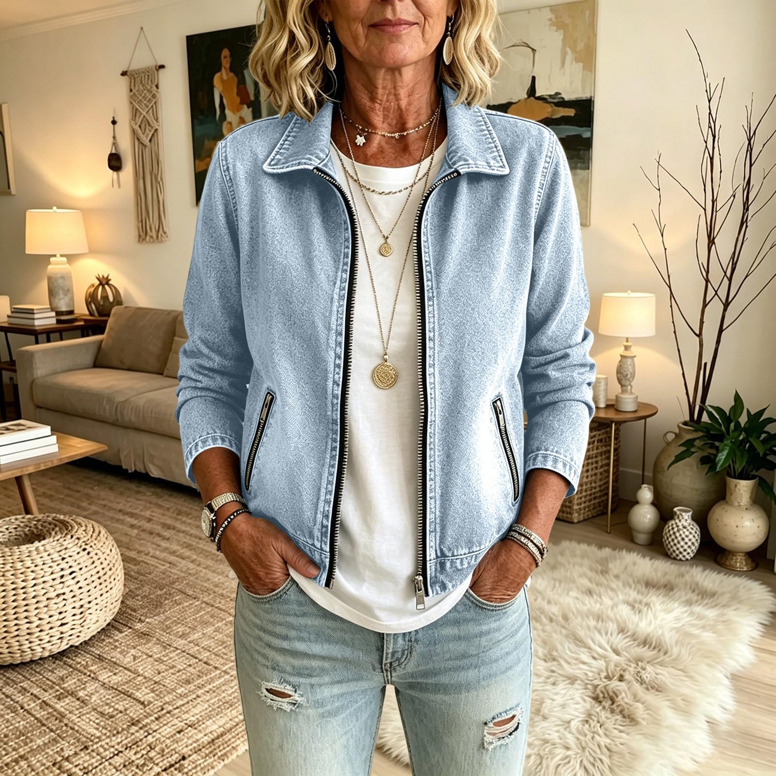 Veste en Jean Femme Courte Zippée Blouson Denim