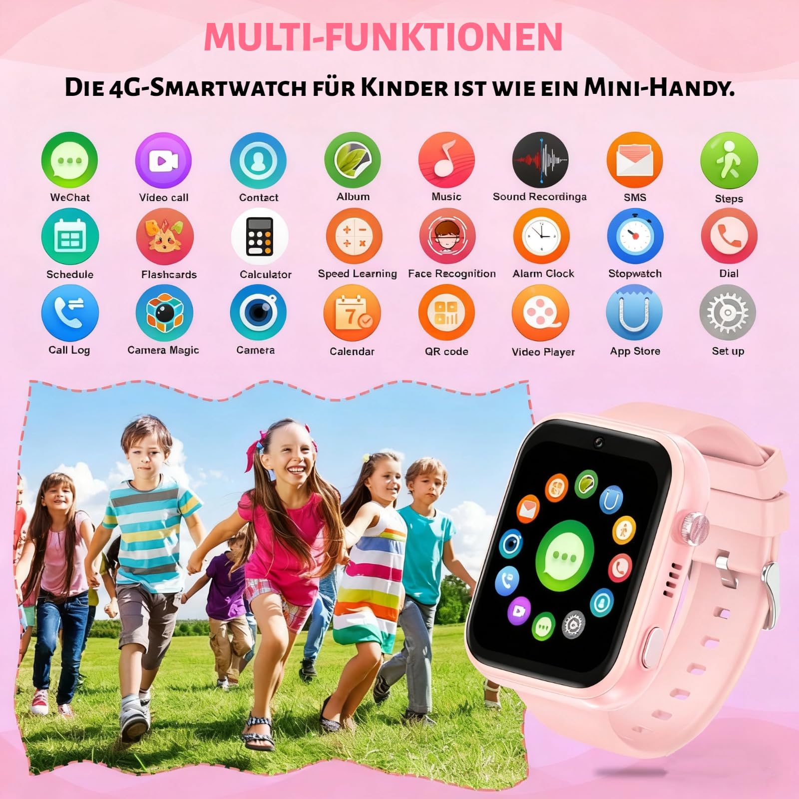 OKYUK Smartwatch dziecięcy 4G z trackerem GPS, dwukierunkowe połączenia, SOS, smartwatch z wieloma stylami pulpitu do wyboru dla 6-12 chłopców i dziewczynek (różowy)