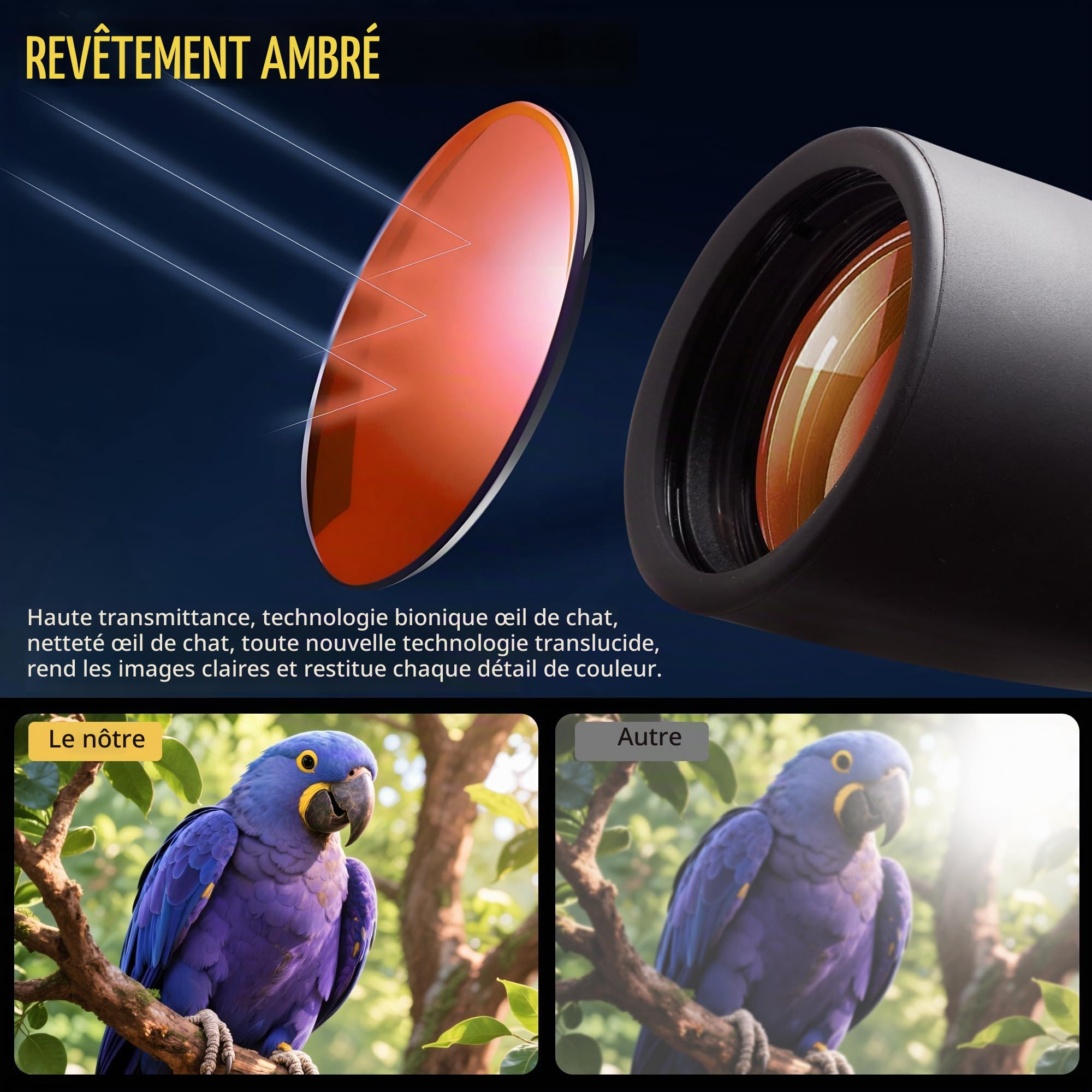 Jumelles Zoom 10–30x50 HD étanches pour Adultes | Revêtement Ambré Haute Transmission, Armure Caoutchouc Antidérapante pour Chasse, Observation Oiseaux, Randonnée, Concert