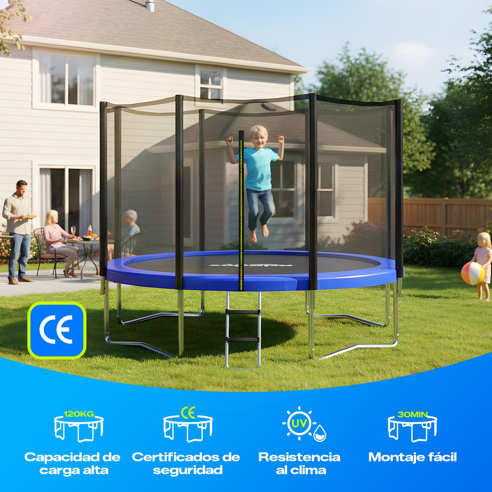 Zupapa Cama Elástica Resistente con Red de Seguridad y Escalera Antideslizante para Niños y Adultos, Diversión Familiar al Aire Libre en el Patio