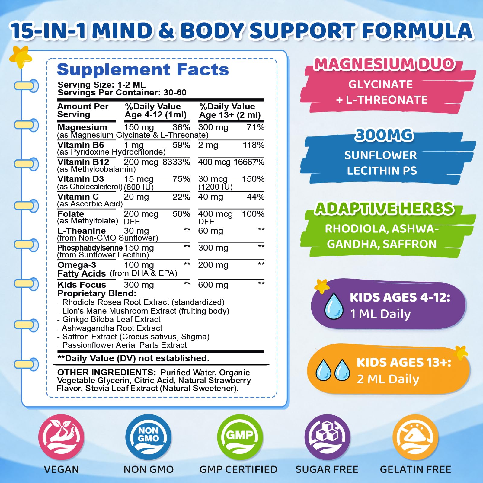 Kids Focus and Attention Supplements with Phosphatidylserine, Magnesium Glycinate, L-Threonate, Omega-3, L-Theanine & multivitamin - Kids ADHD Brain Liquid Drops - for Memory, Cognitive, Calm & Mood — Amazon image 2