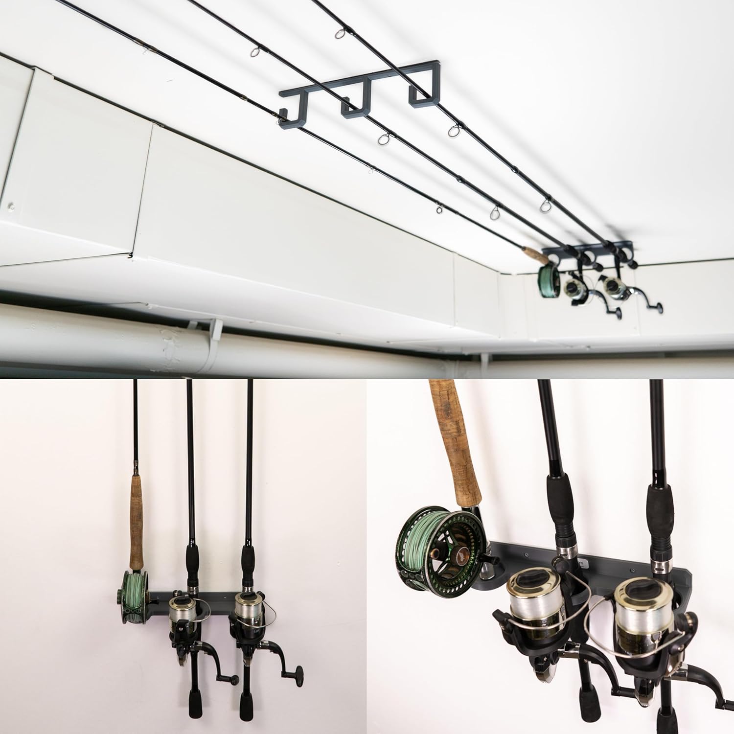 Fishing Rod Holder — 3-Rod Rack for Ceiling, Wall or Vertical Mount | Garage Storage, PETG, Made in USA