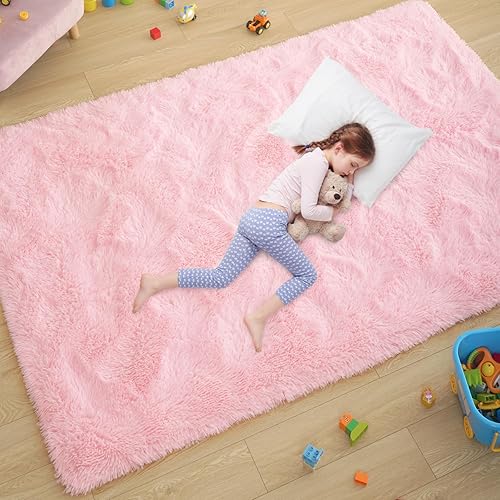 Ultra Soft Pink Rugs for Bedroom 4x6 Feet, Fluffy Shag Area Rugs for Living Room, Large Comfy Furry Rug for Girls Kids Baby Room Decor, Non Slip Nursery Modern Indoor Fuzzy Floor Carpet - 4' x 6' (Rectangular) - Pink