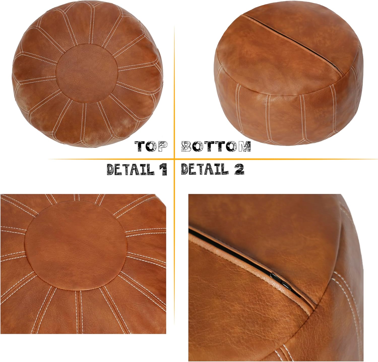 Thgonwid Unstuffed Moroccan Faux Leather Pouf Ottoman with Storage - Handmade Boho Chic Multi-Use Footrest for Living Room, Bedroom, Patio - Round Ethnic Floor Cushion & Decorative Accent, Brown