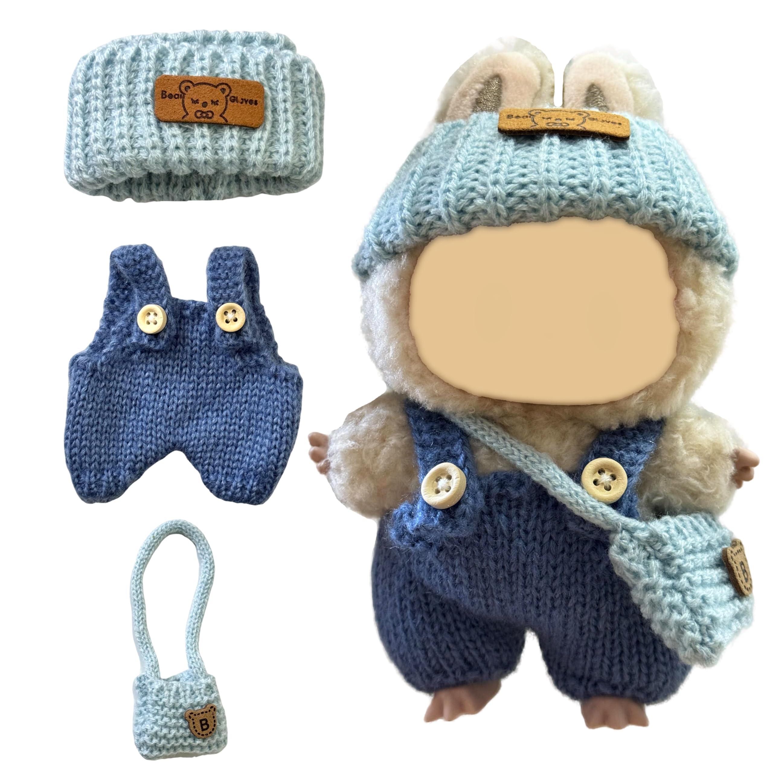 15 17cm Doll Clothes(NO Doll), Cute Dolls Outfit Accessories with Knitted Overalls + Hats + Bag, Small Kawaii Clothes Set for Dolls