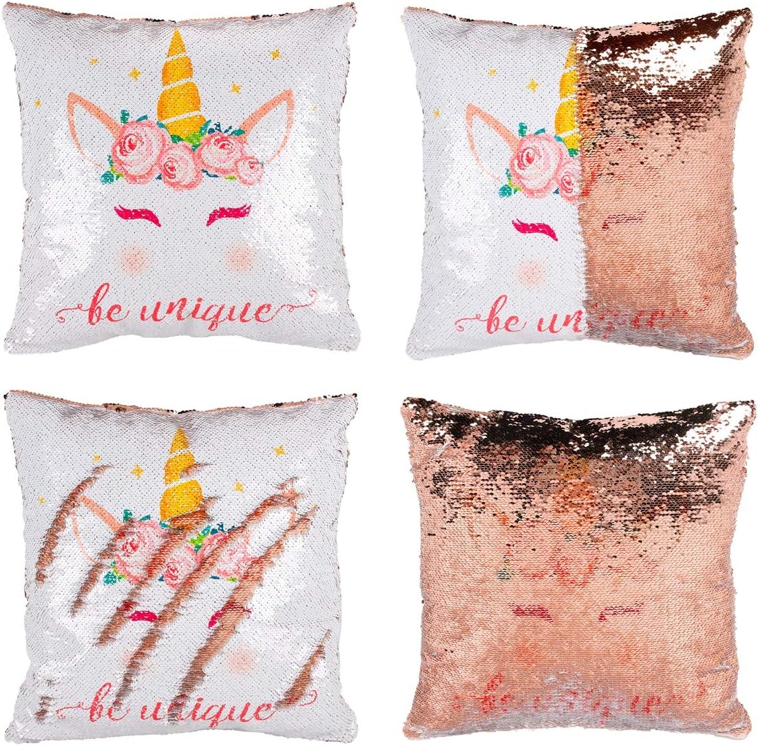 Reversible Unicorn Sequin Pillow Case - Magic unicorn pillow for girls | Decorative Mermaid Pillowcase 16”x16” White/Rose Gold Change Throw Cushion Cover Prefect Unicorn Gifts(Not Insert Included)