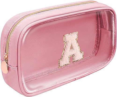 Miniatura 8 de Bolsa de maquillaje transparente grande con letra inicial personalizada, bolsa de maquillaje de nailon con parche preppy de chenilla, letra A-Z,