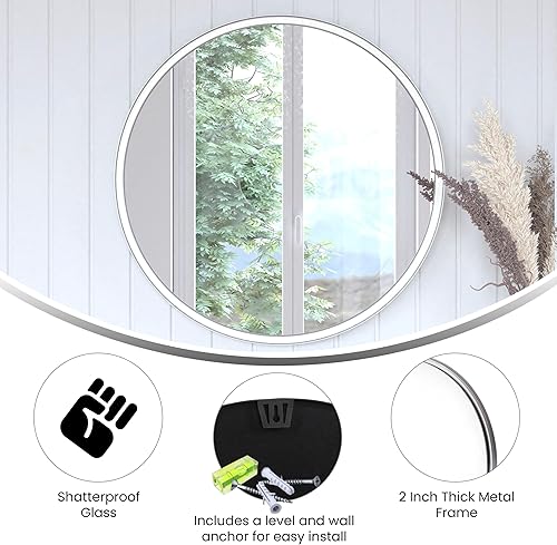Miniatura 4 de BizChair Espejo de pared redondo de metal plateado de 27.5 pulgadas, espejo de acento grande para baño, entrada, comedor y sala de estar