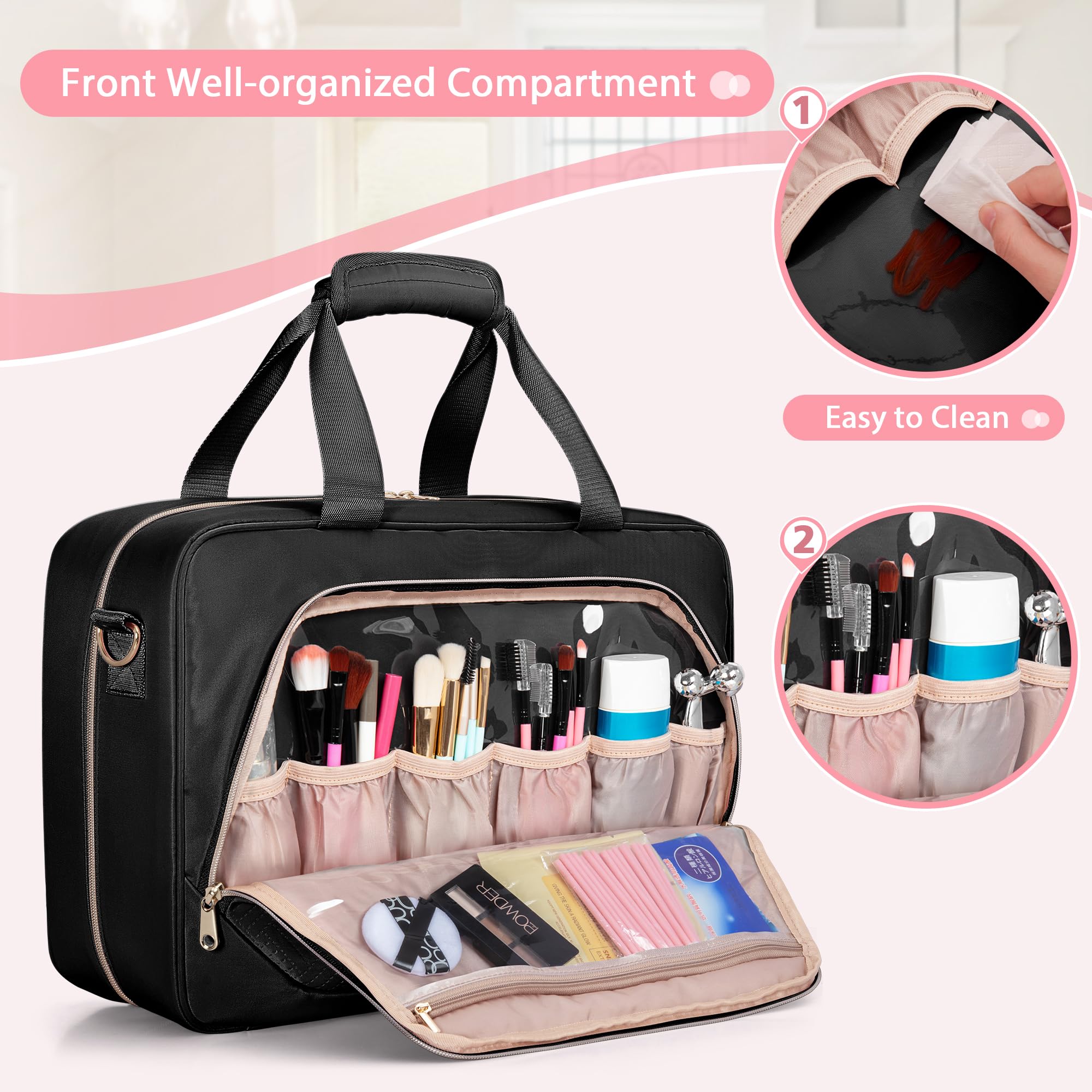 Neceser extragrande para mujer con 4 estuches individuales, bolsa organizadora de maquillaje de viaje grande con bolsillo para herramientas para el cabello y compartimento para brochas de