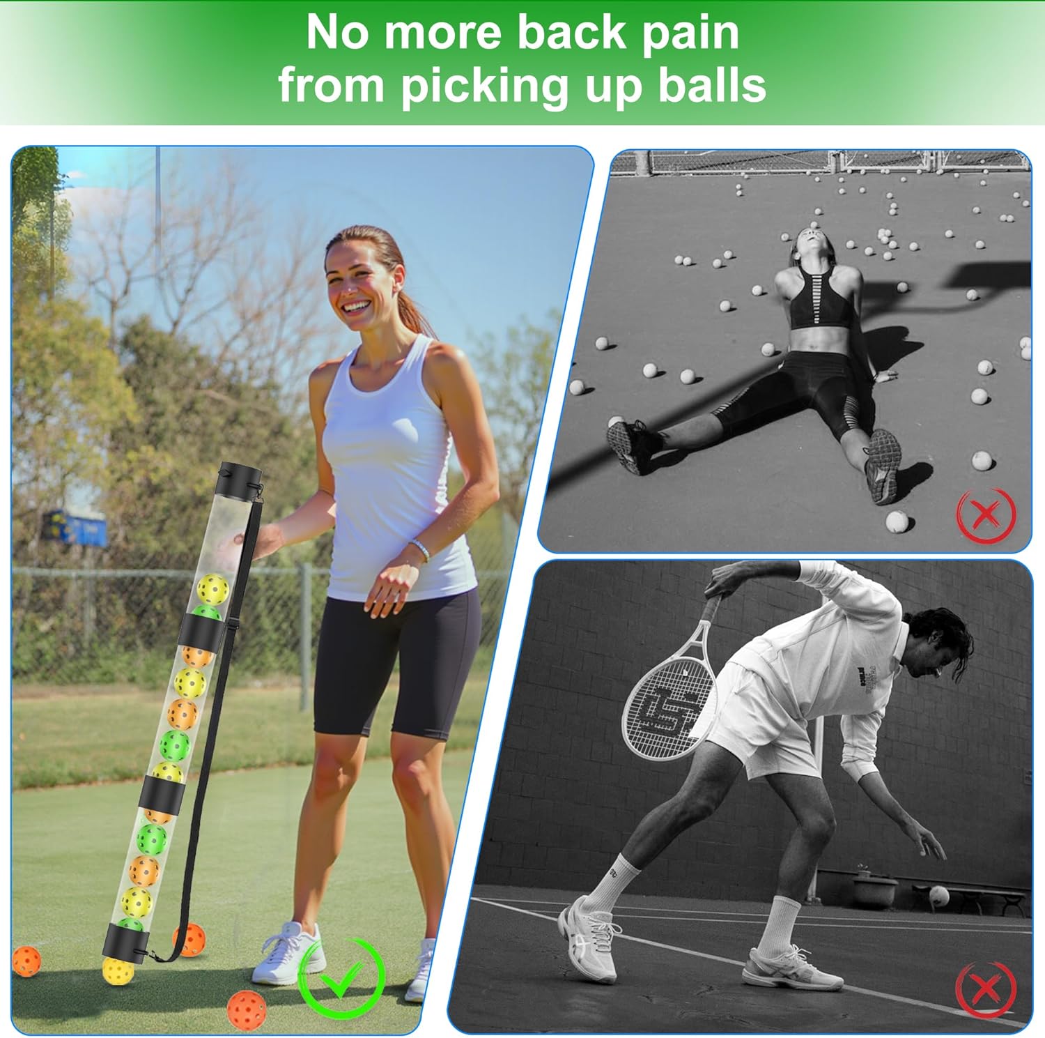 Pickleball Ball Retriever & Ball Hopper Storage with Strap Pickle Balls Tube Pickup