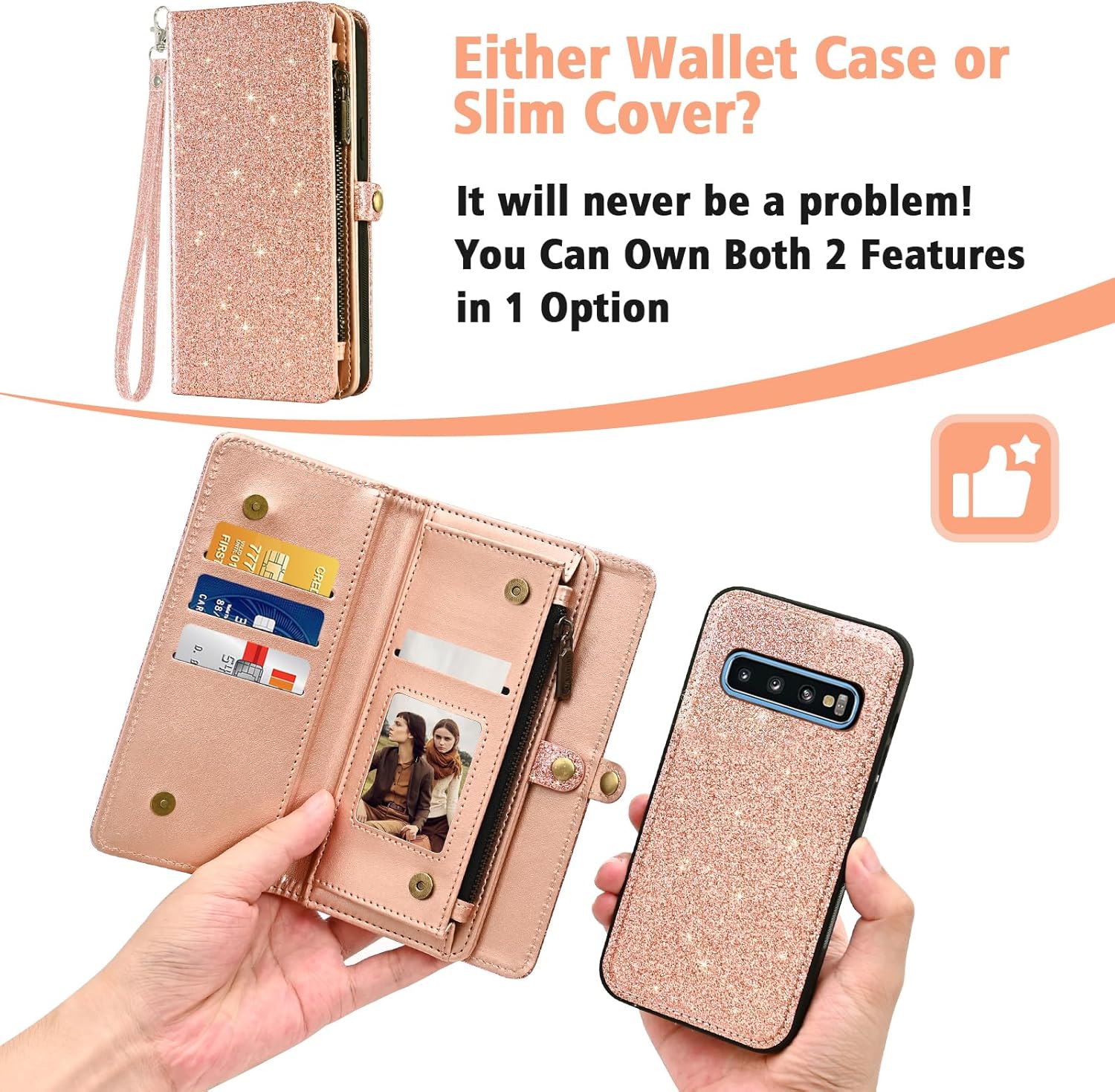 Asuwish Phone Case for Samsung Galaxy S10 Zipper Wallet Detachable Cell Cover with Tempered Glass Screen Protector Lanyard Wrist Strap Flip Credit Card Holder S 10 Edge 10S GS10 X10 Women Rosegold