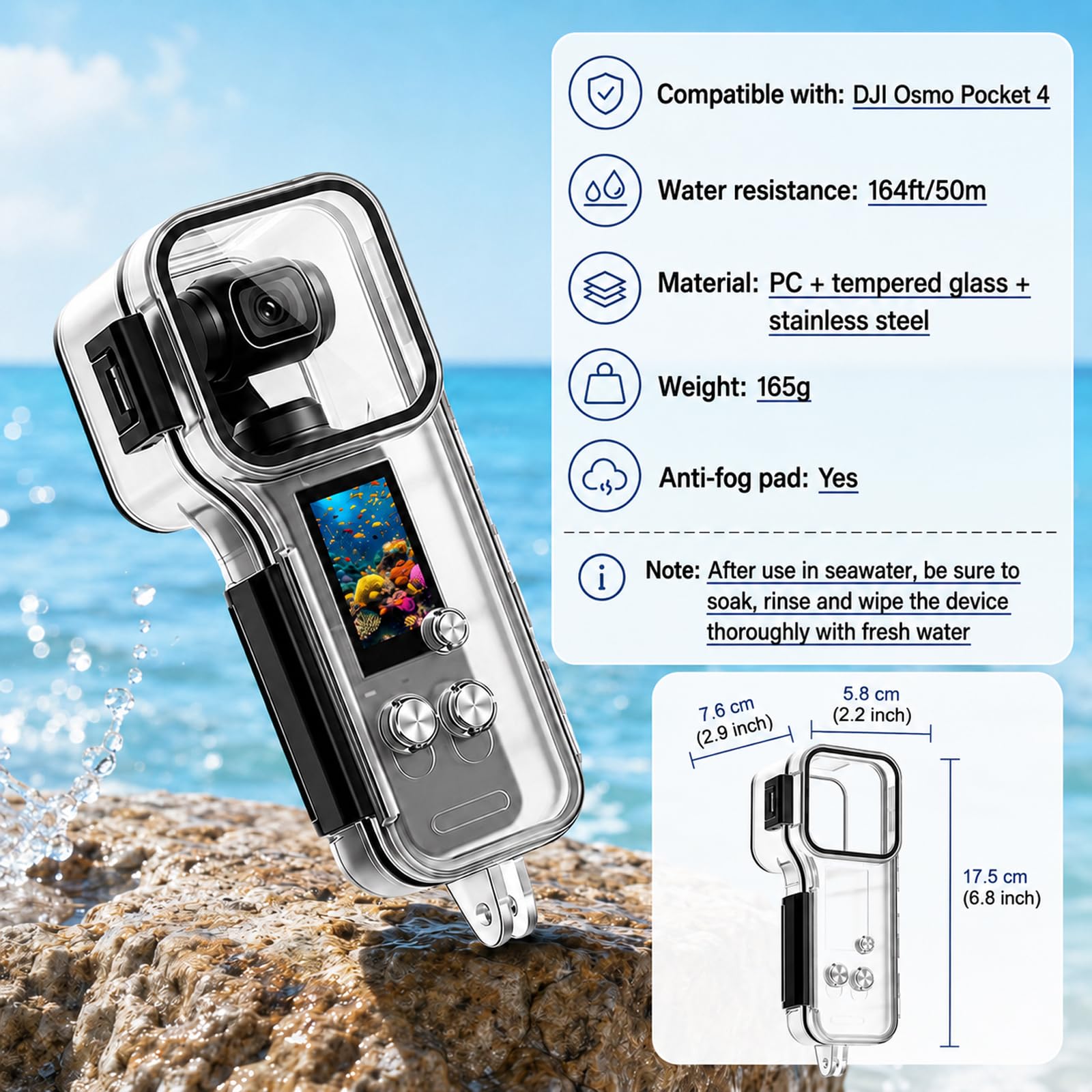 PULUZ Funda impermeable de buceo IPX8 de 50 m para DJI Osmo Pocket 4
