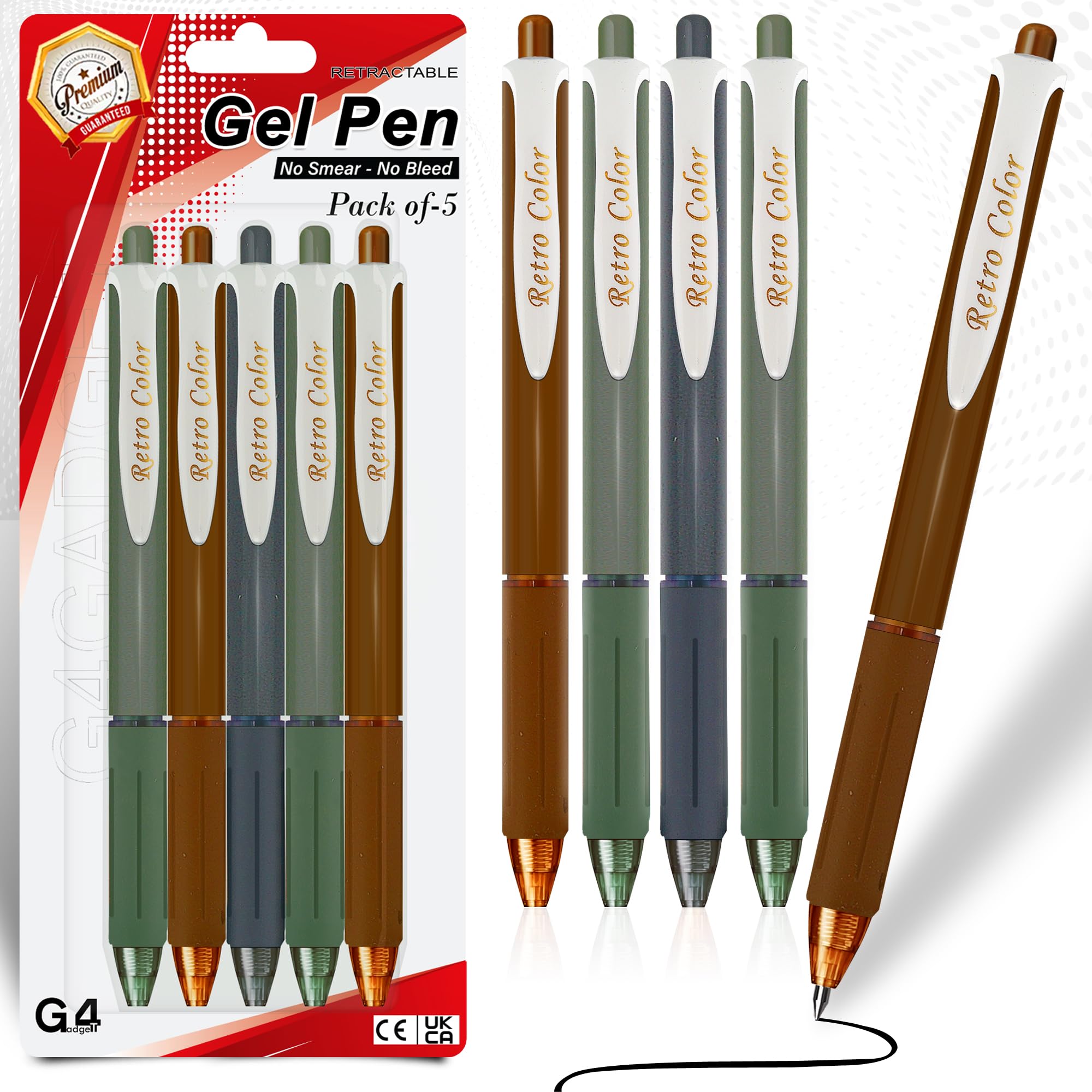 G4GADGET Retractable Gel Pens Black Ink – Pack of 5 – Smooth Writing Quick-Dry No Smear No Bleed Gel Pens for Office, School, Journaling & Everyday Use
