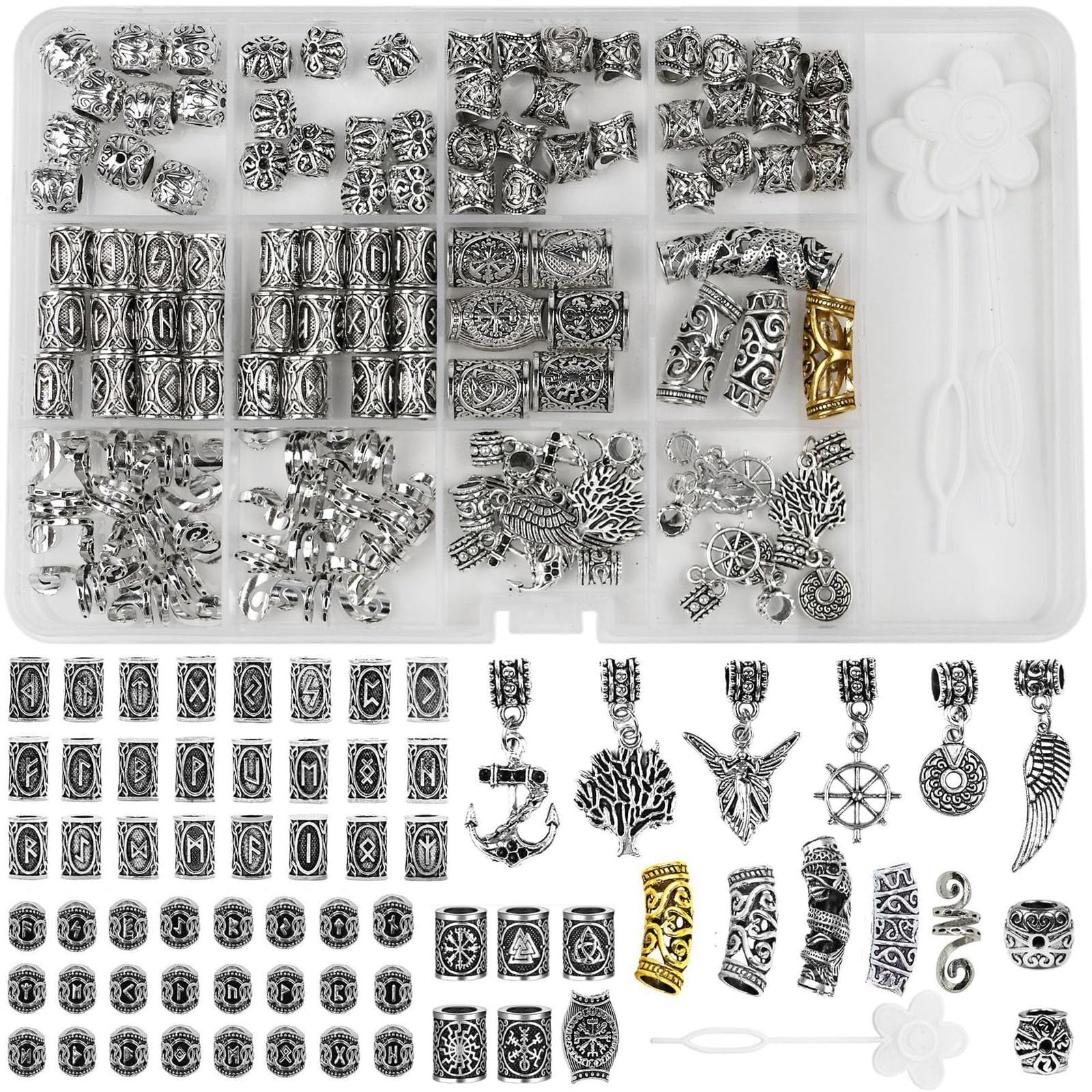 Tazweeq 106 Pcs Silver Hair Beads Loc Jewelry, Dreadlocks Beads DIY Hair Braid, Viking Hair Beads Men's Accessories Hair Accessories Beard Beads Hair Braid Accessories Girls Hair Braid Beard Suit