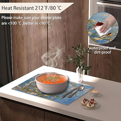 Miniatura 5 de Juego de 6 manteles individuales con diseño de almendros en flor, resistentes al calor, lavables, antideslizantes, para decoración de fiestas,