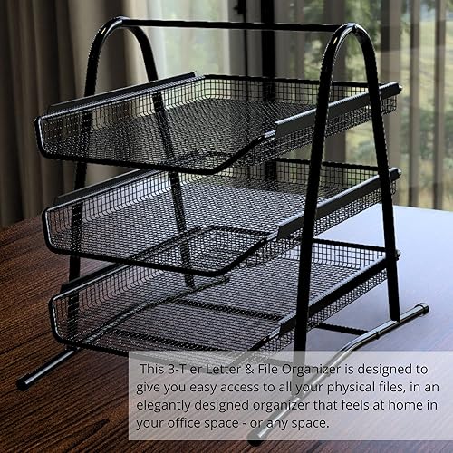 Miniatura 6 de Performore Bandeja organizadora de papel apilable de 3 niveles para escritorio, estante de archivos de metal negro para papel de tamaño legal (14 x