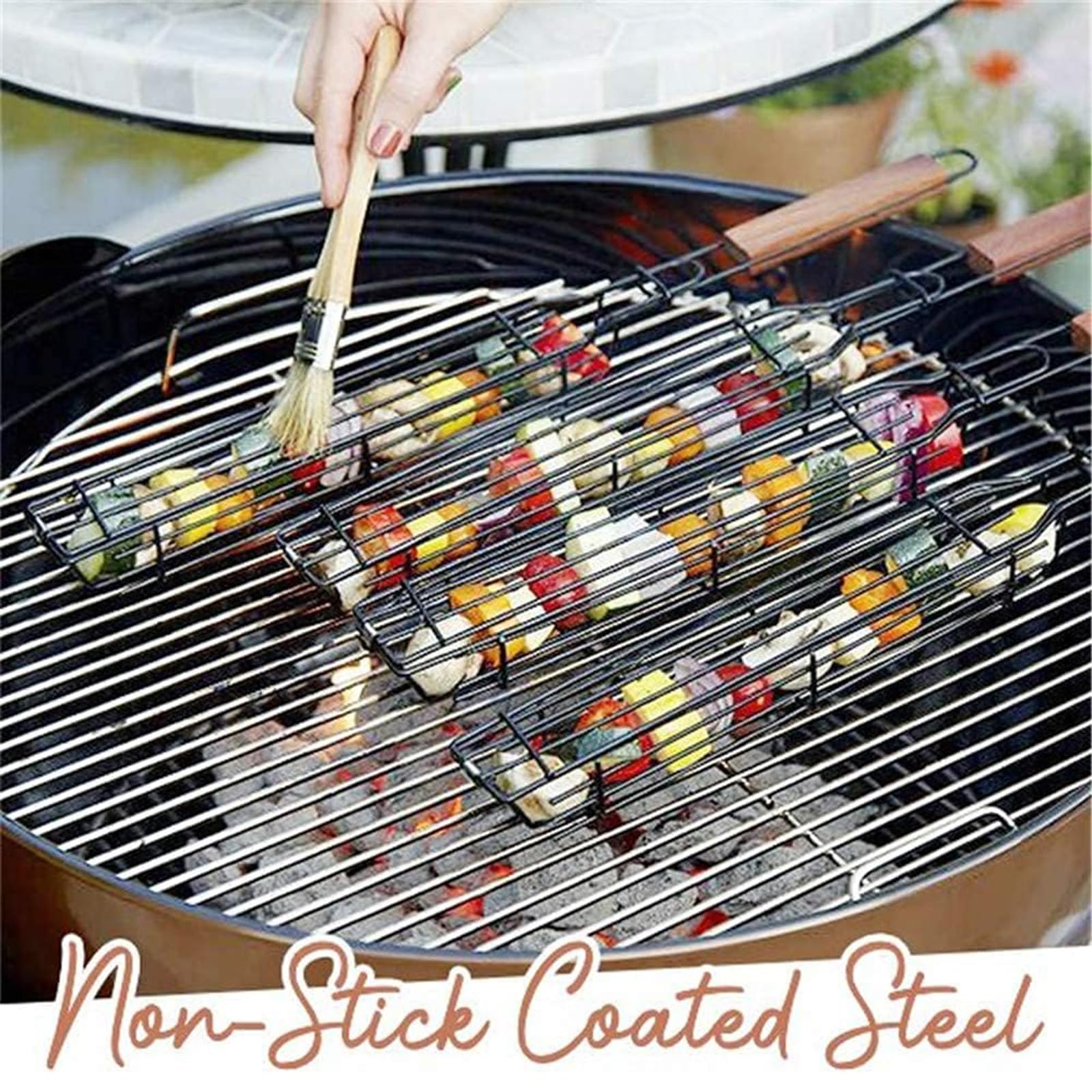 Panier à Griller Antiadhésif Barbecue Poignée Bois Anti-Corrosion Poisson Légumes Crevettes 10 pièces