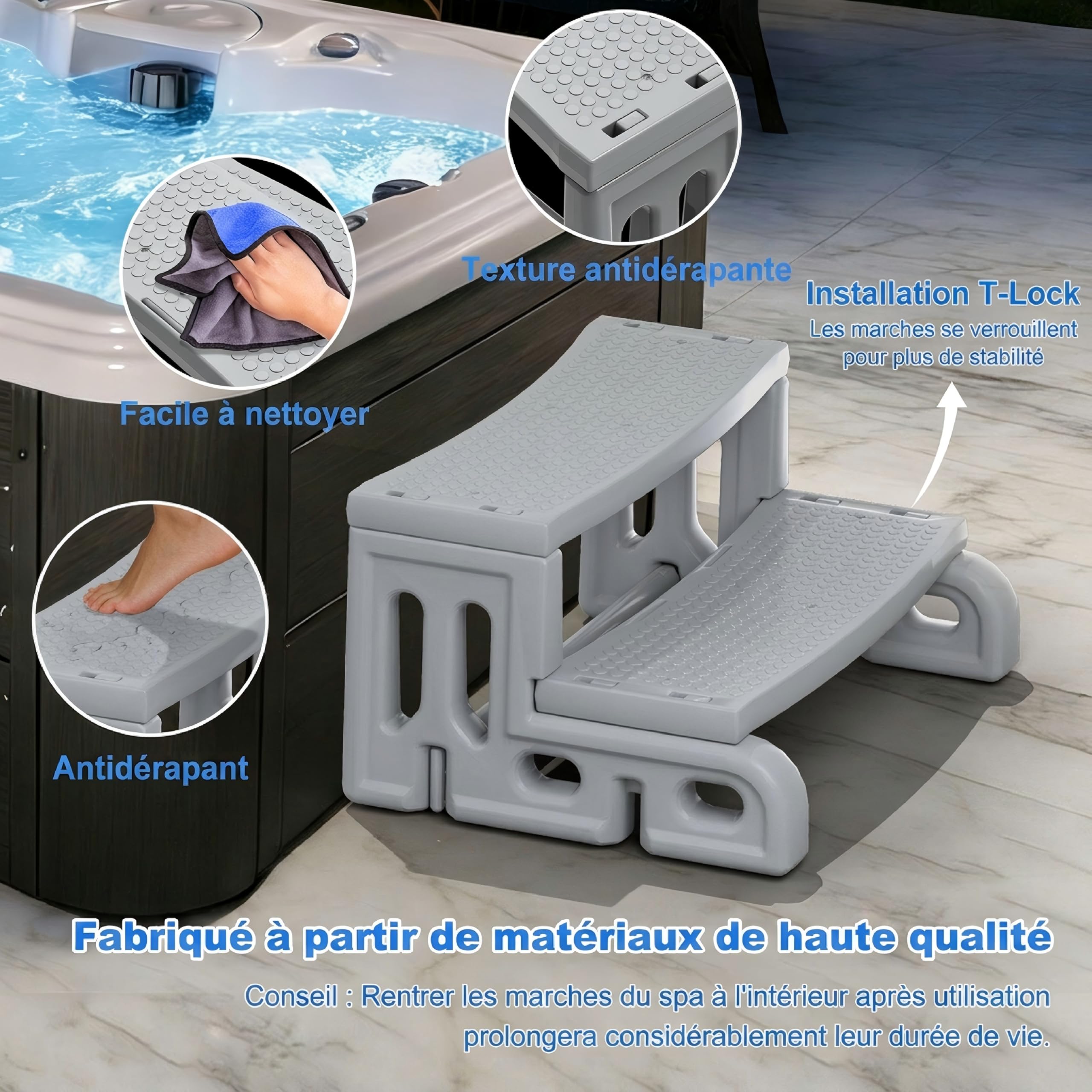 Whirlpool Escalier à 2 marches antidérapant Portable Universel en Plastique pour l'extérieur