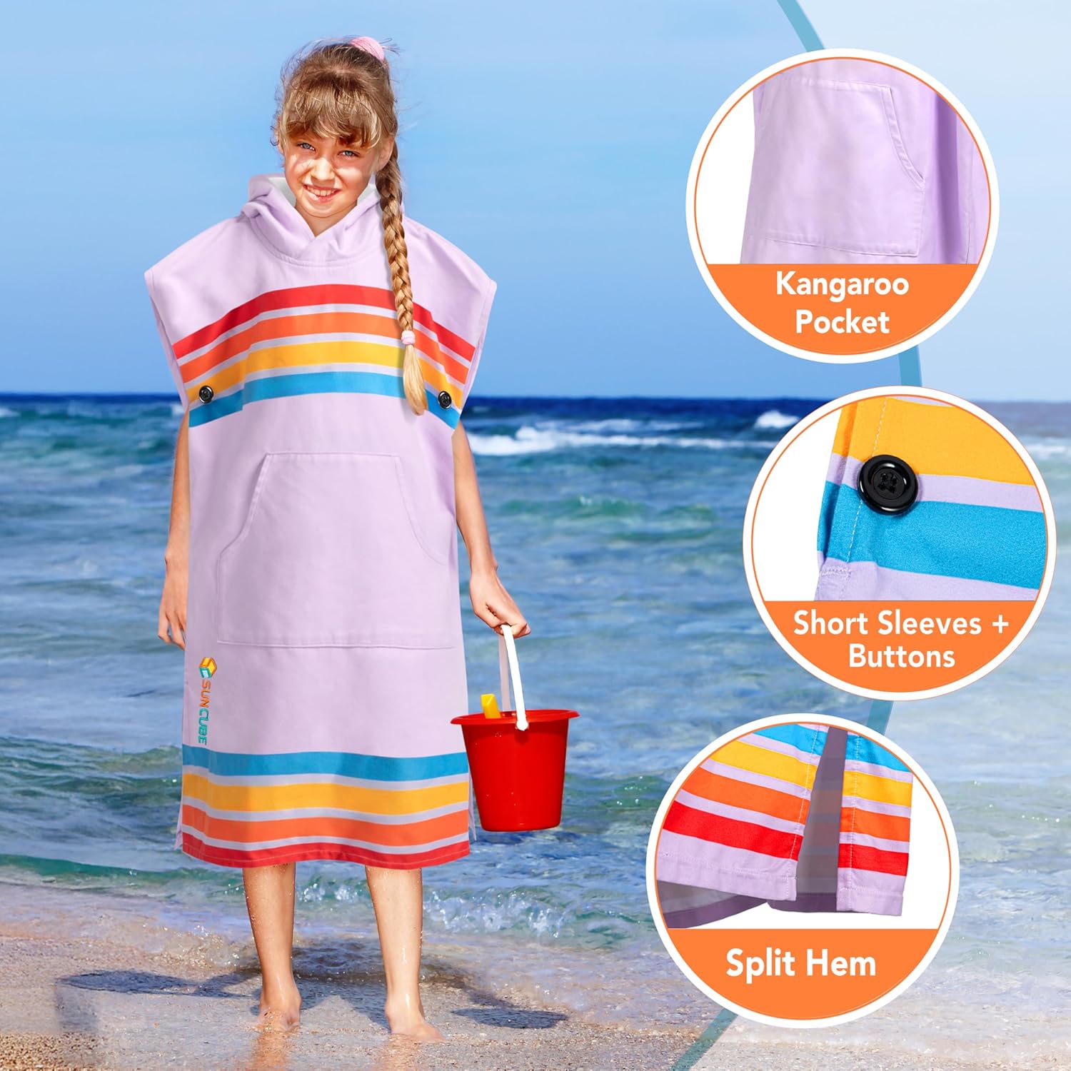 SUN CUBE Kids Towel Changing Swim Robe Surf Poncho, Quick Dry Microfiber Hooded Wearable Blanket for Boys Girls 8-12 Years, Sunset Purple - Image 2