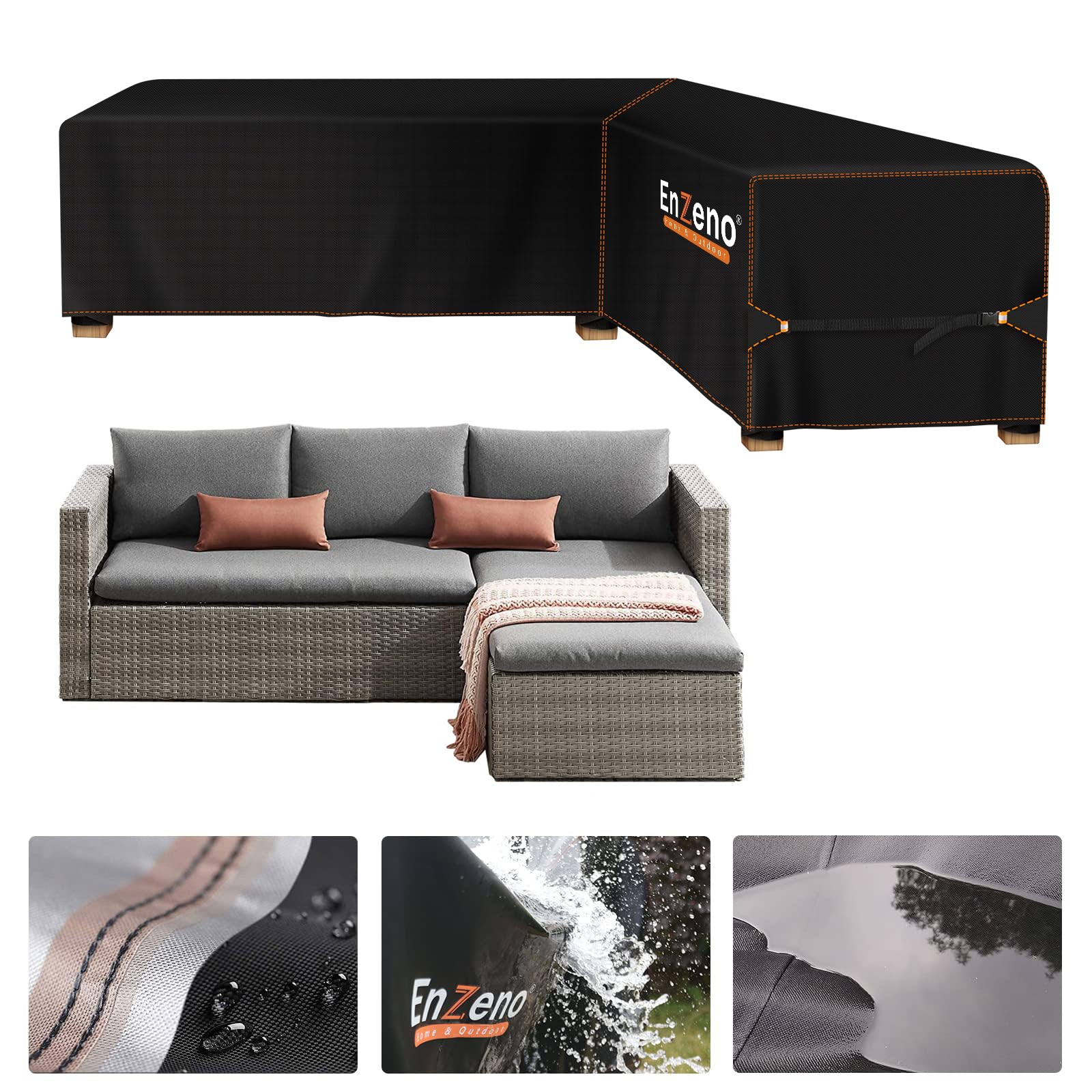 Enzeno Cubierta para Muebles de jardín para sofás en Forma de L (Izquierda Larga y Derecha), Lona Impermeable para sofá de Esquina, con Rayas, Impermeable, 210 x 140 x 75 cm