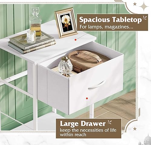Miniatura 5 de WLIVE Mesita de noche, mesa auxiliar con cajón de almacenamiento de tela y estante de madera abierto, muebles de noche con marco de acero, mesa