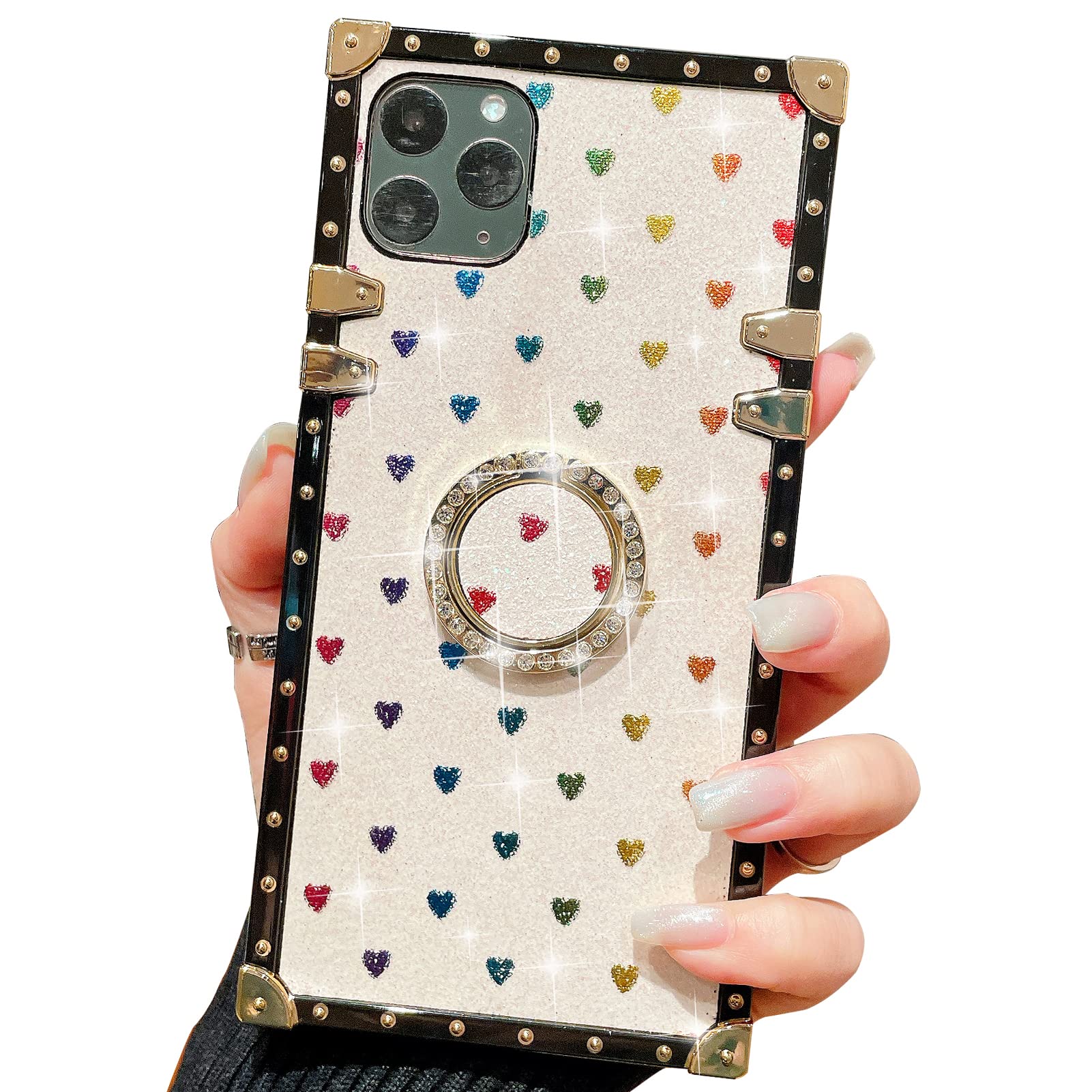 Photo 1 of 2 SETS - Freezing Compatible iPhone 12 Pro Max 6.7 Inch Silicone Cover Luxury Plating Phone Case (Grey); AND, Yesunktt for iPhone 11 Pro Max Love Heart Glitter Bling Ring Stand Square Phone Case, Electroplate Corners, for Girls and Women, White White iPho