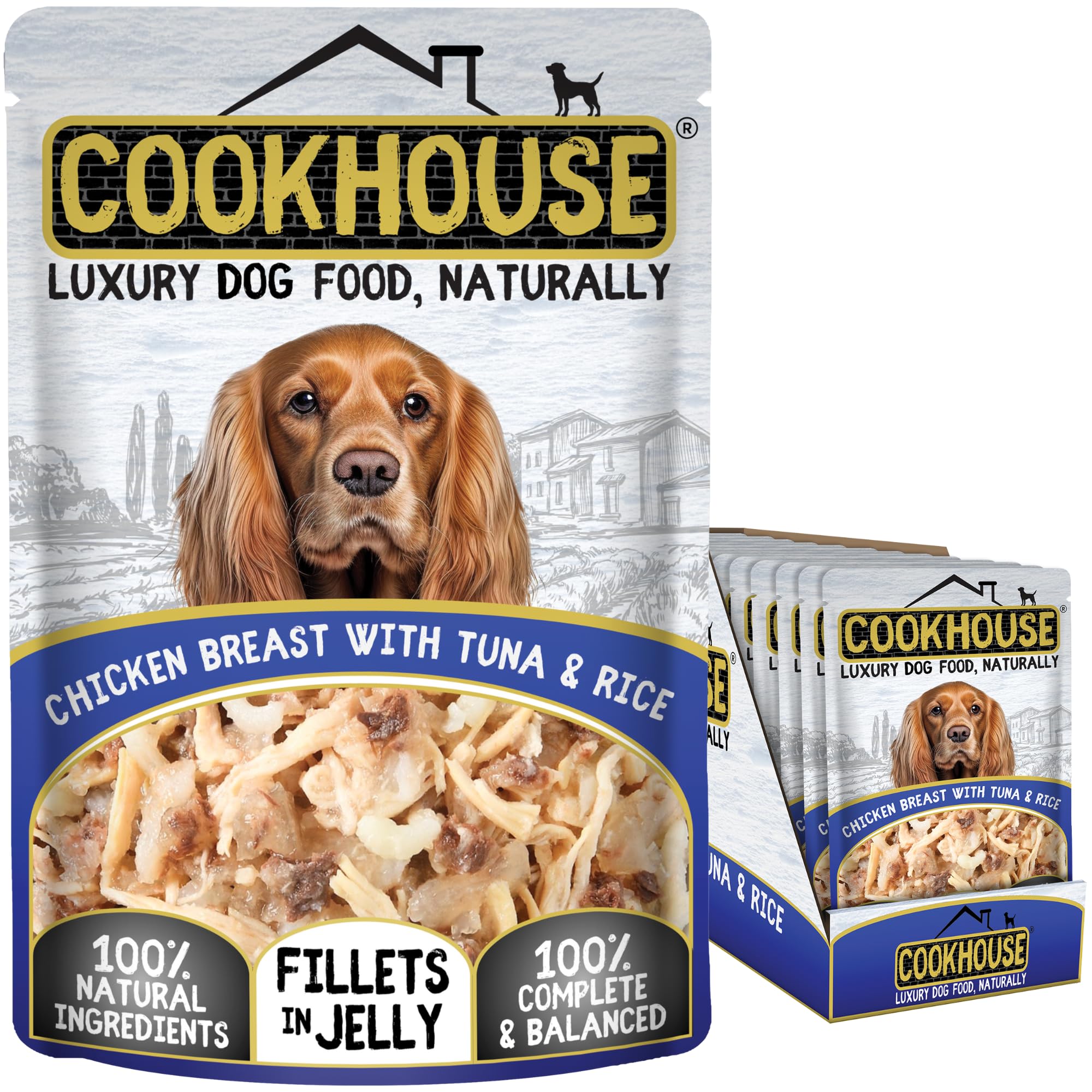 COOKHOUSE 100% Natural & Complete Luxury Wet Dog Food - 15 x 100g Pouches - Chicken Breast with Tuna & Rice - Fillets in Jelly