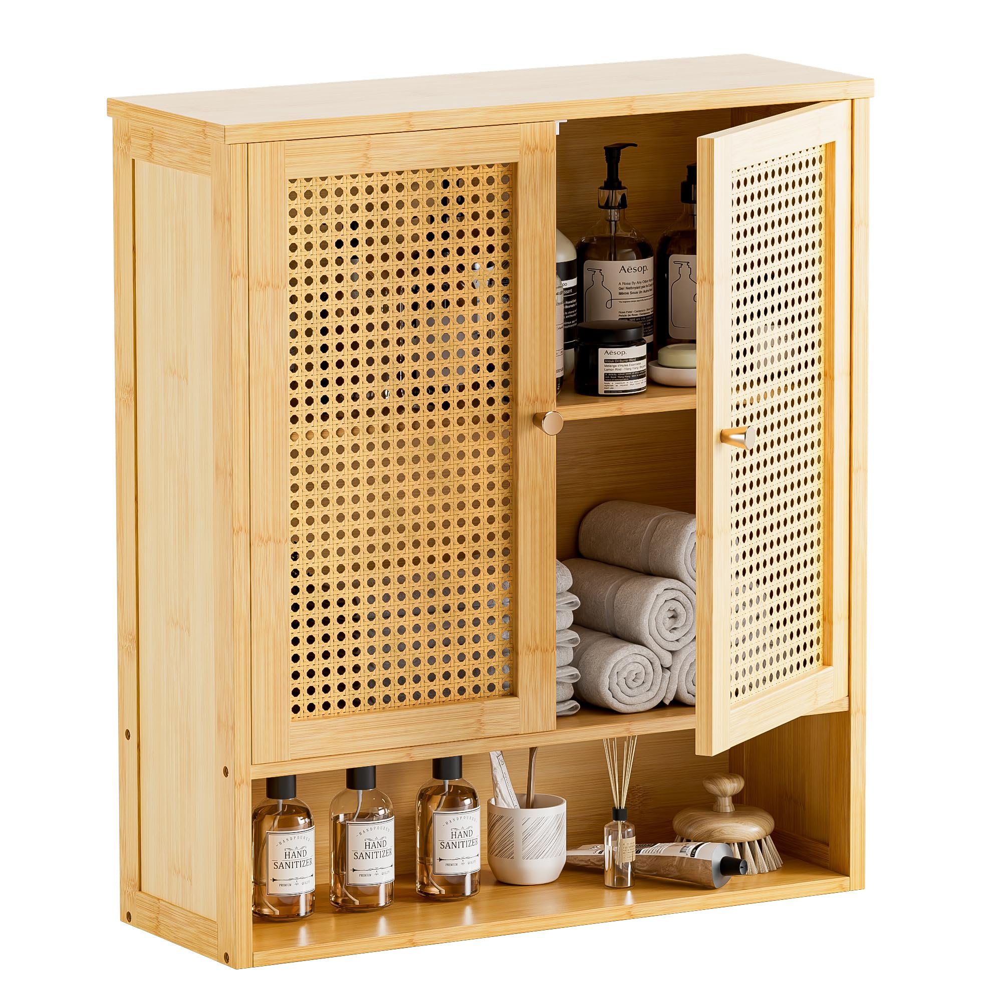 HITNET Armoire Murale en Rotin, Armoire à Pharmacie en Bambou à Portes Doubles avec Étagères Réglables,Meuble de Rangement Suspendu au-Dessus des Toilettes pour Cuisine, Salon, Buanderie (Naturel)
