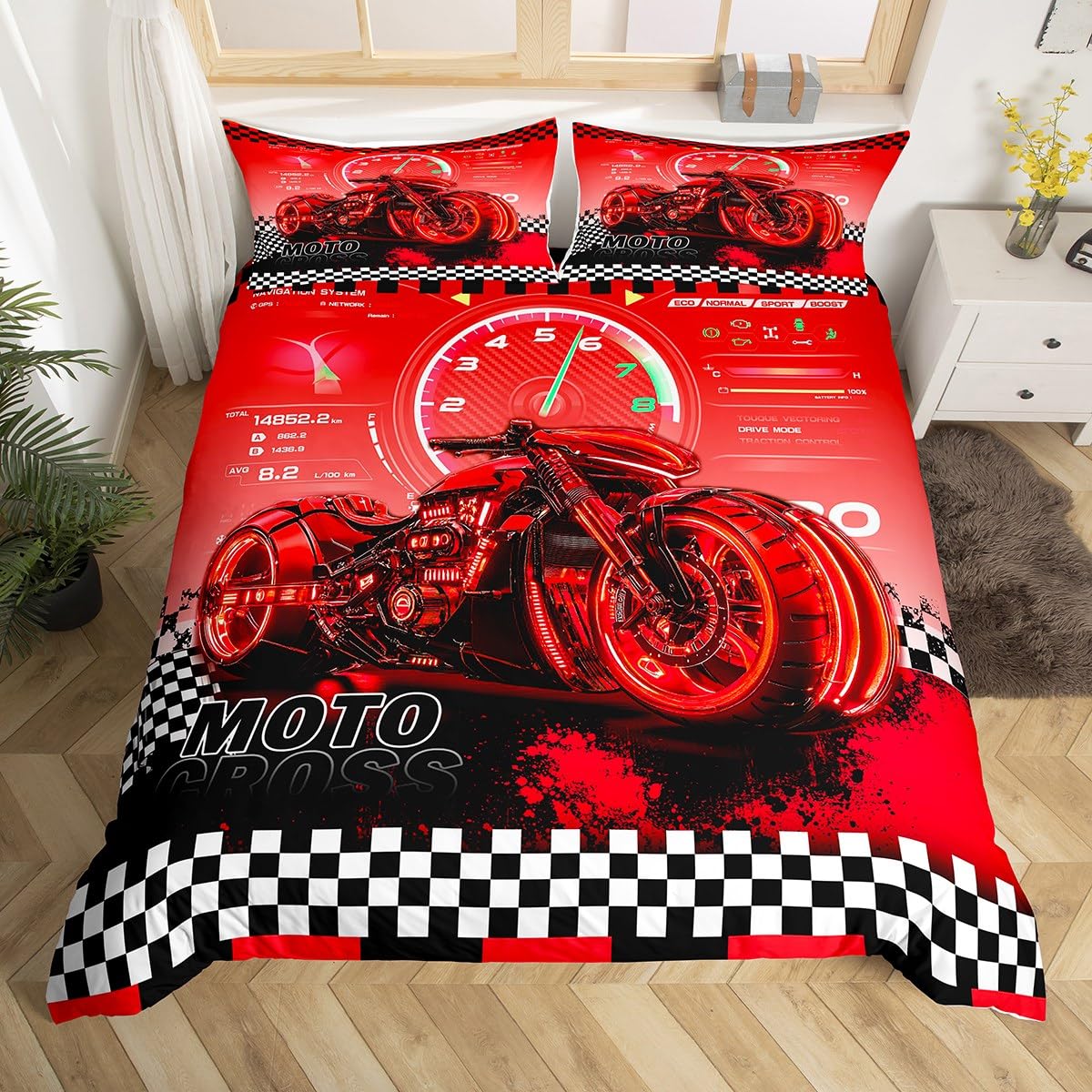 Homemissing Kids Red Dirt Bike Comforter Cover Double Size, Racing Motocross Bedding Set Boys Girls Motorcycle Duvet Cover Motorbike Teens Bedspread Cover Bedroom Decor Quilt Cover (No Comforter) — image 1