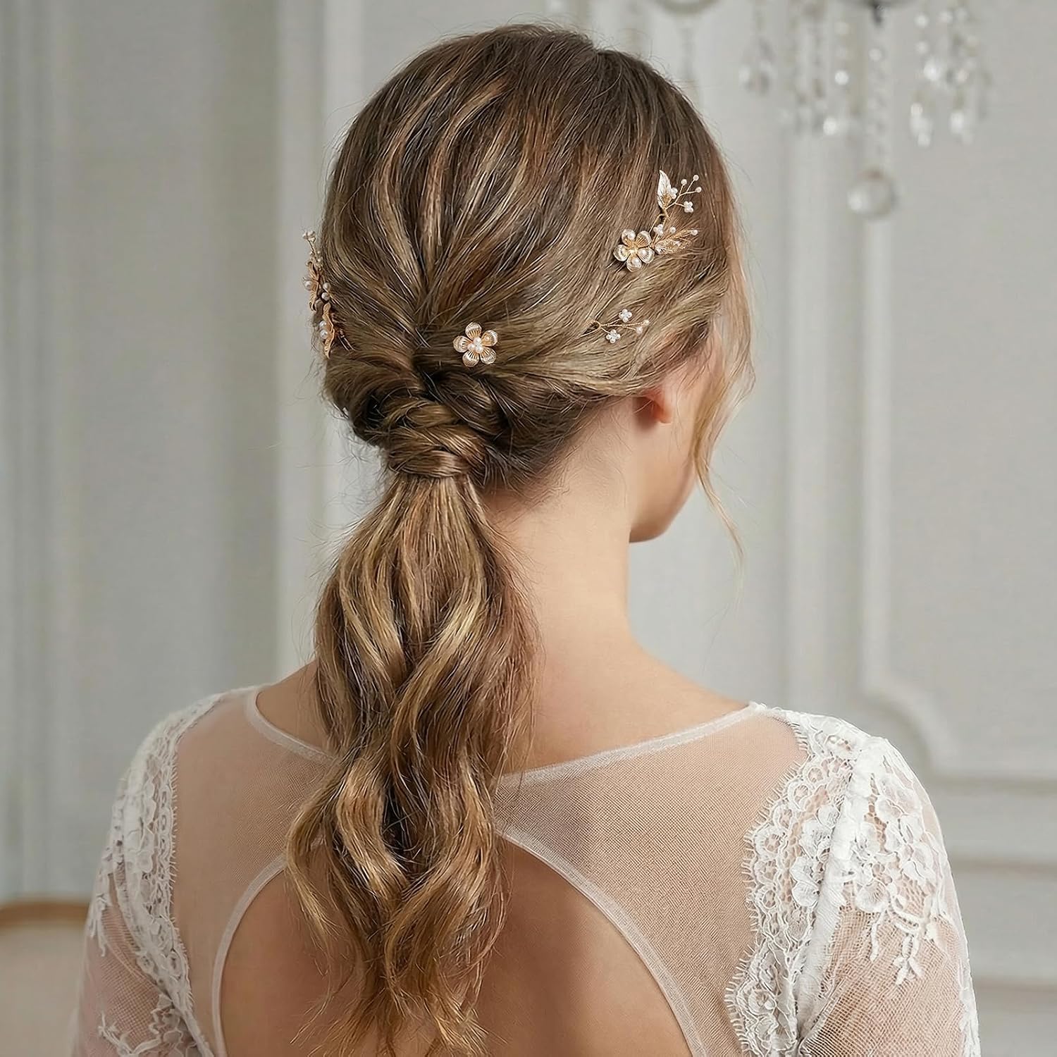 SWEETV 7 Pcs Gold Wedding Hair Pins for Brides, U-Shaped Pearl Hair Accessories, Flower Bridal Hair Pieces Vintage Hair Clip Floral Headpiece for Bridesmaids Women Girls