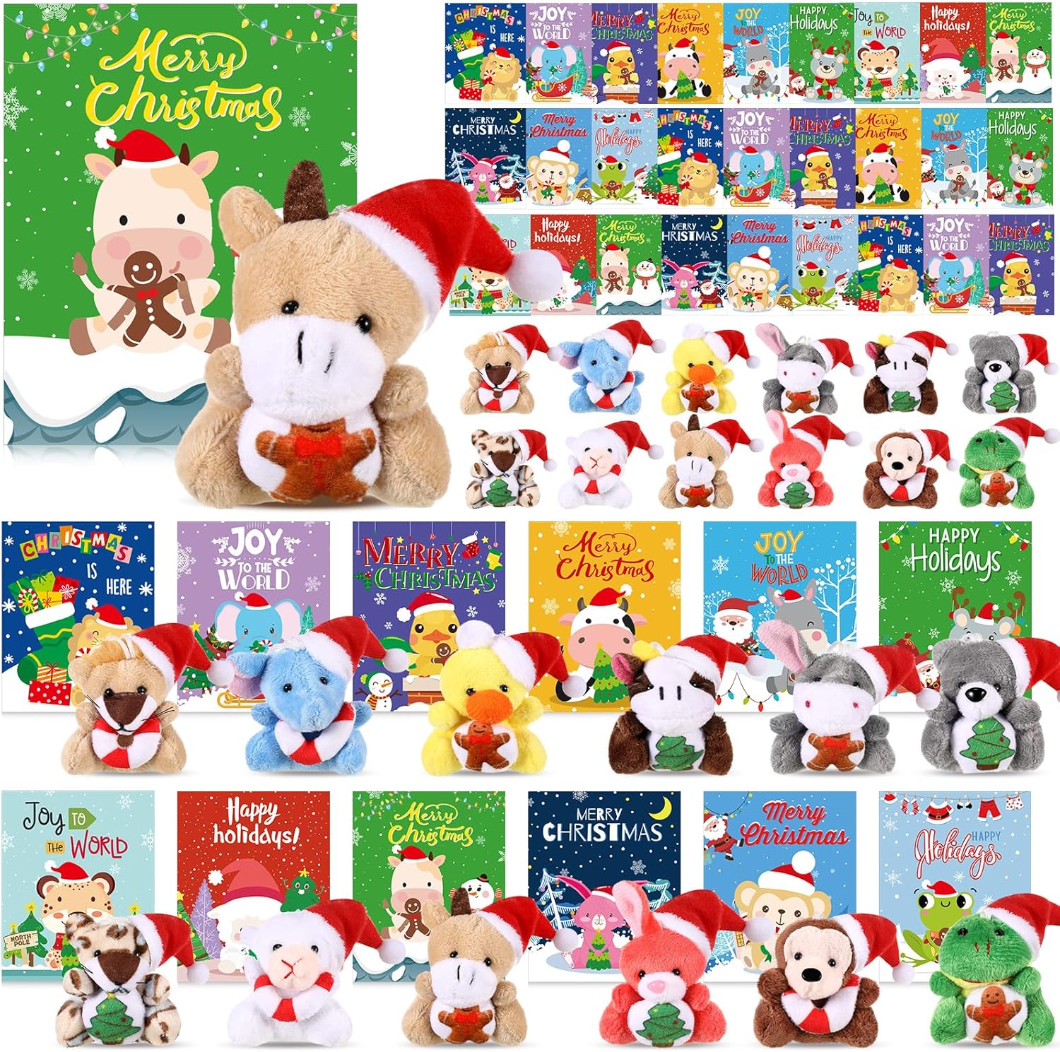 36 Set Christmas Mini Stuffed Animals with Xmas Cards Small Animal Plush Key Chain Animal Plush with Santa Hat for Stocking Fillers Christmas Party Favors Gift Stockings Tree Decoration