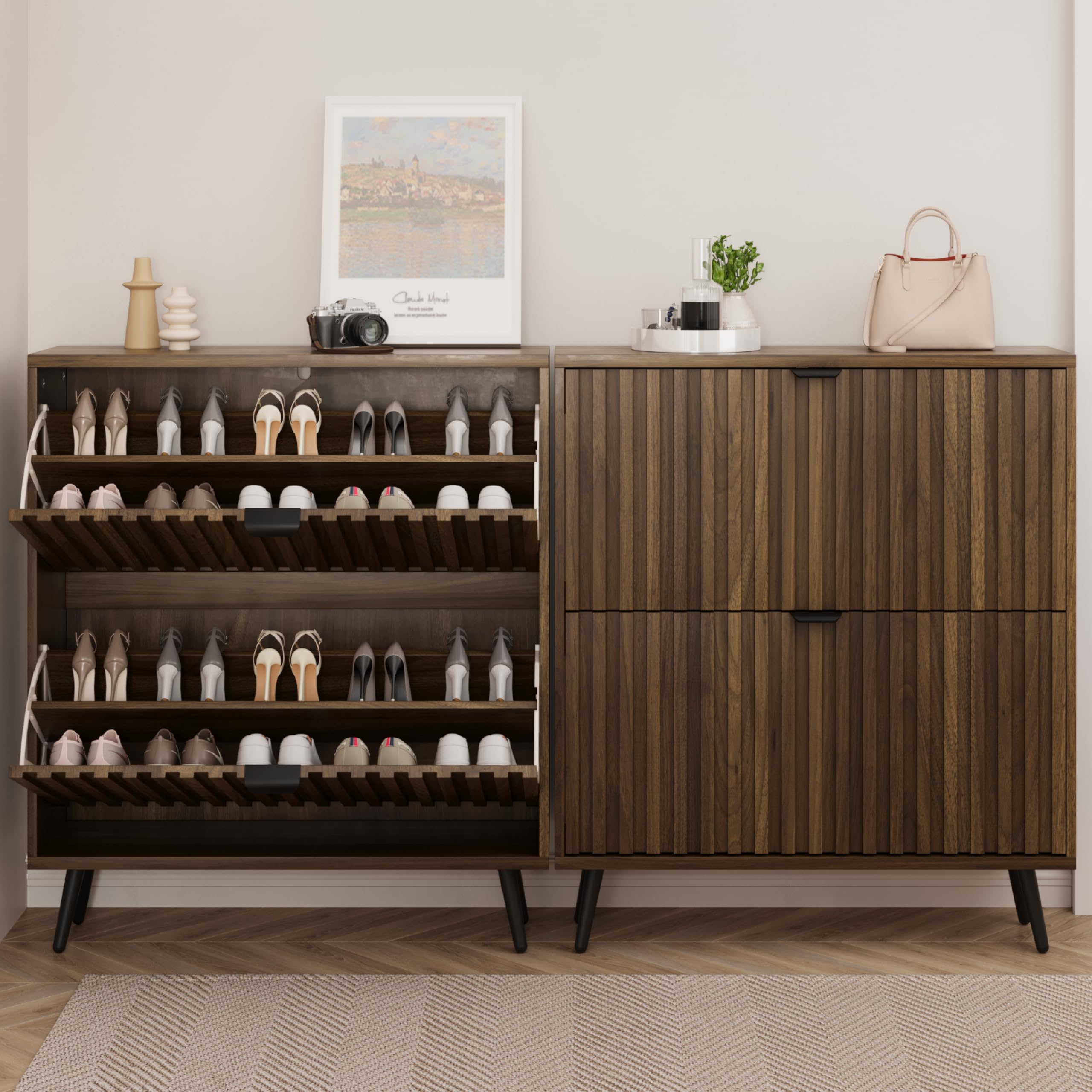 Smuxee Schuhschrank mit 2 Klappschubladen, 80 cm, Walnussholz, versteckter Schuhschrank mit geriffeltem Design, freistehender Schuh-Organizer für Eingangsbereich, Flur, Schrank, Wohnzimmer