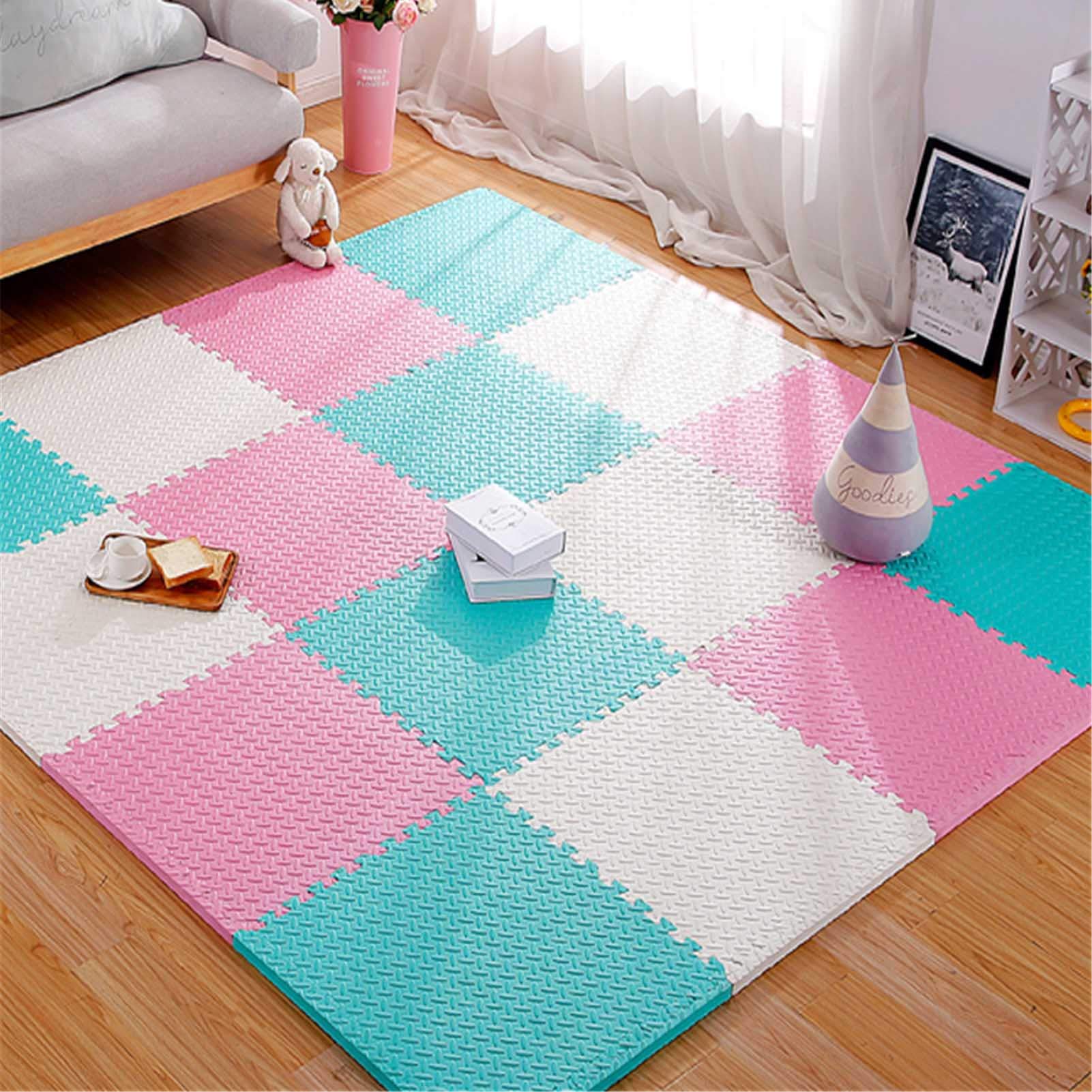 Tapis De Jeu en Mousse EVA, Grand Tapis De Bébé Doux avec Bords - Parfait pour La Protection du Sol, Le Garage, l'exercice, Le Yoga, La Salle De Jeux,White+Pink+Lake Blue,15