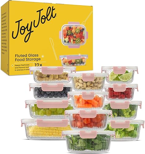 Miniatura 9 de JoyJolt 24 recipientes de almacenamiento de vidrio estriado con tapas. 12 recipientes herméticos, aptos para congelador, recipientes de