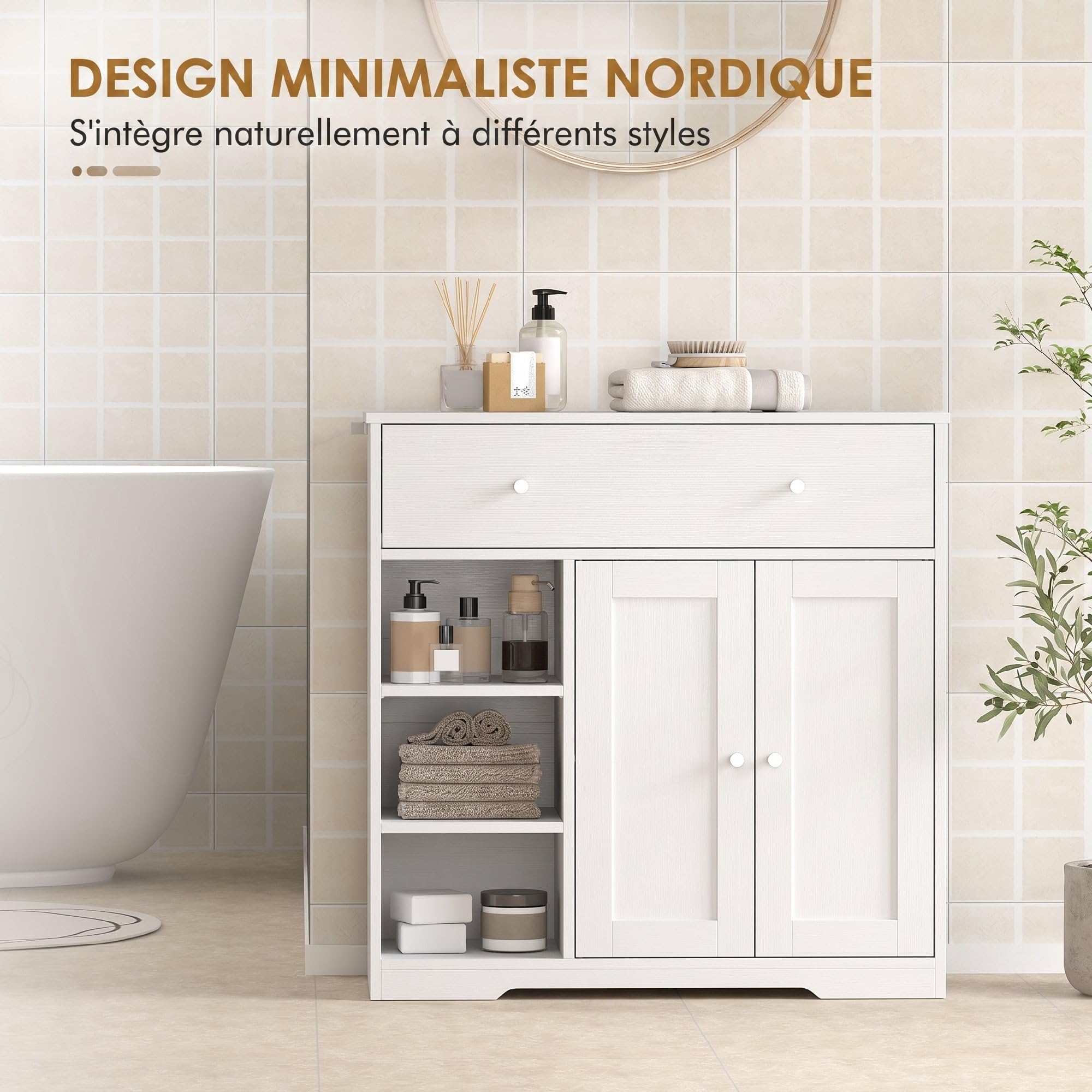 HOMCOM Meuble de Salle de Bain 1 Tiroir 2 Portes 80 x 30 x 80,2 cm Blanc